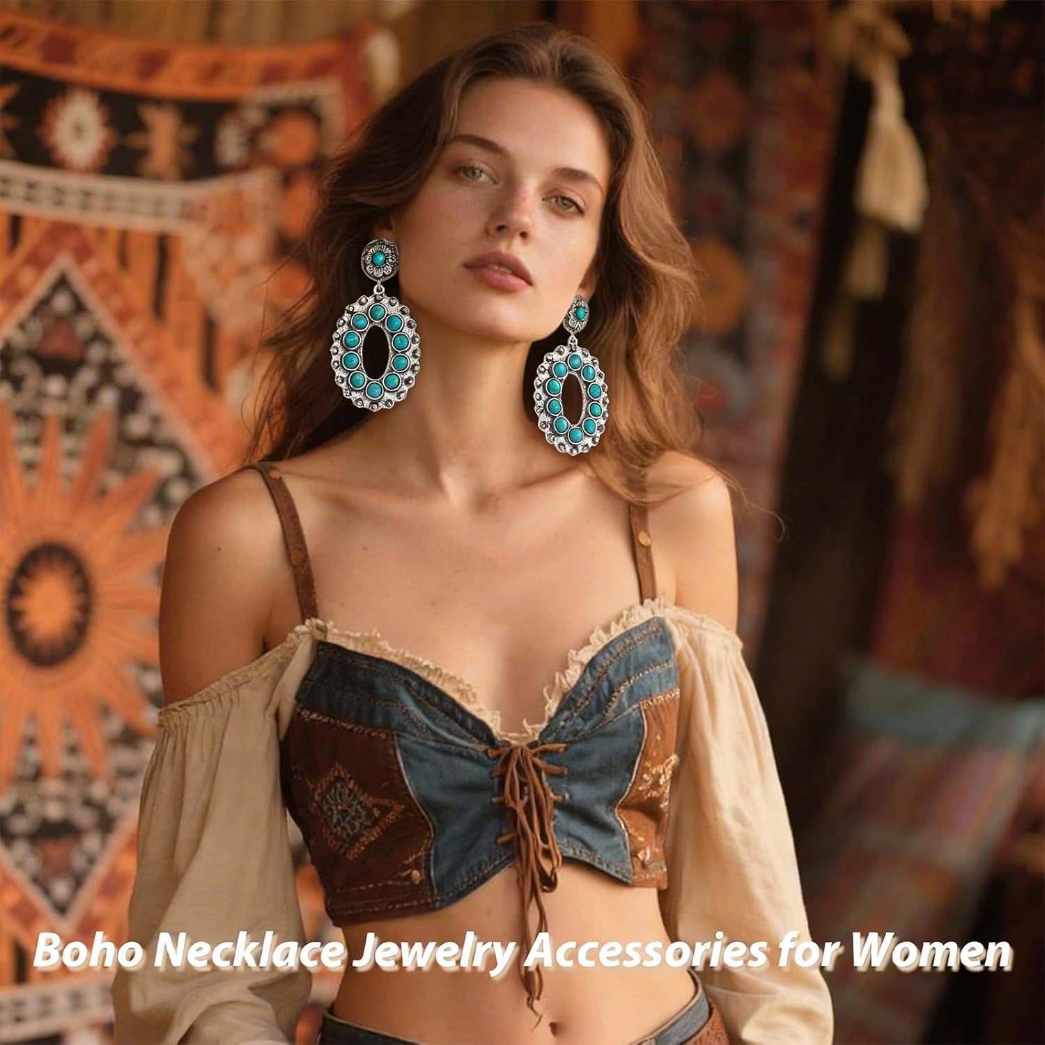 Silver Western Earrings Turquoise Earrings for Women Boho Chic Clothing Western Jewelry for Women Outfit Country Concert Outfits Cowboy Chic Rodeo Outfit Shirts Dress Accessories - Image 3