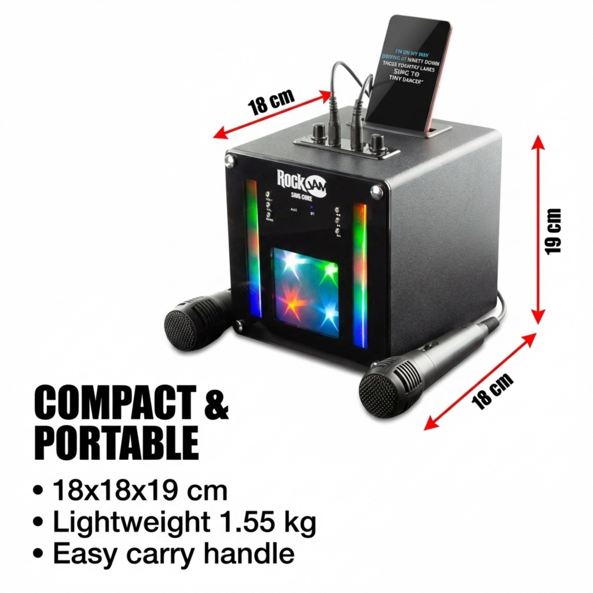 Machine de karaoké Bluetooth Rechargeable RockJam 10 Watts avec Deux Microphones, Jeux de lumière et Effets vocaux