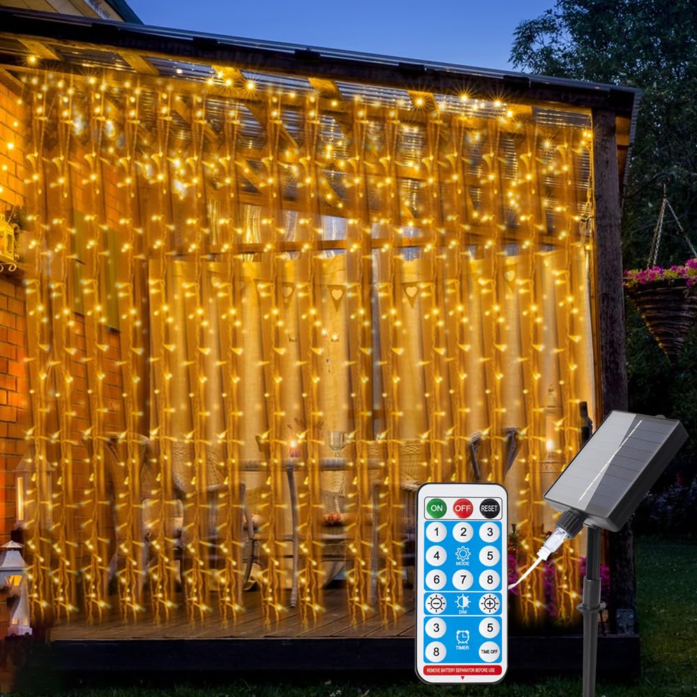 XPJBKC Solar Curtain Lights Outdoor Garden, 3×3M Waterproof 8 Modes Solar String Lights Outdoor with Remote Control