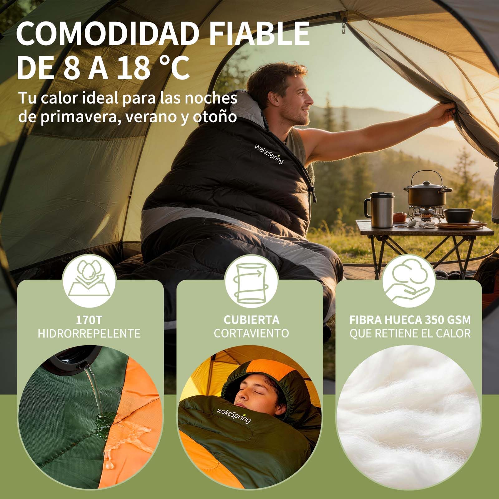 Saco de Dormir Adulto 3 Estaciones 350gsm Ligero Repelente al Agua para Camping Senderismo Viaje