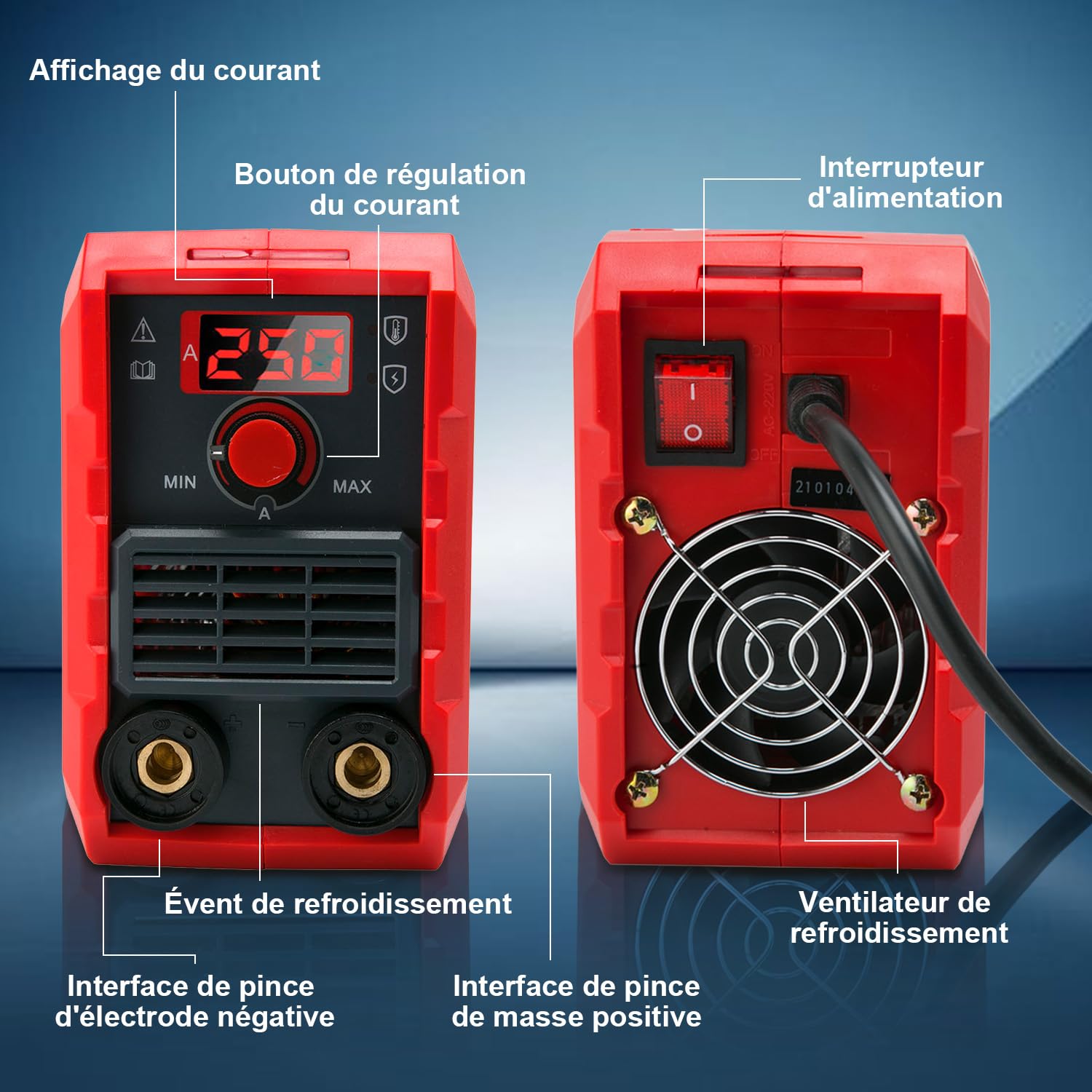 VOBOR Mini Poste a Souder Électrodes, Inverter Poste à Souder Fil Fourré avec Technologie IGBT, Affichage LED, Anti-Stick, Portable Station de Soudage, MMA 250