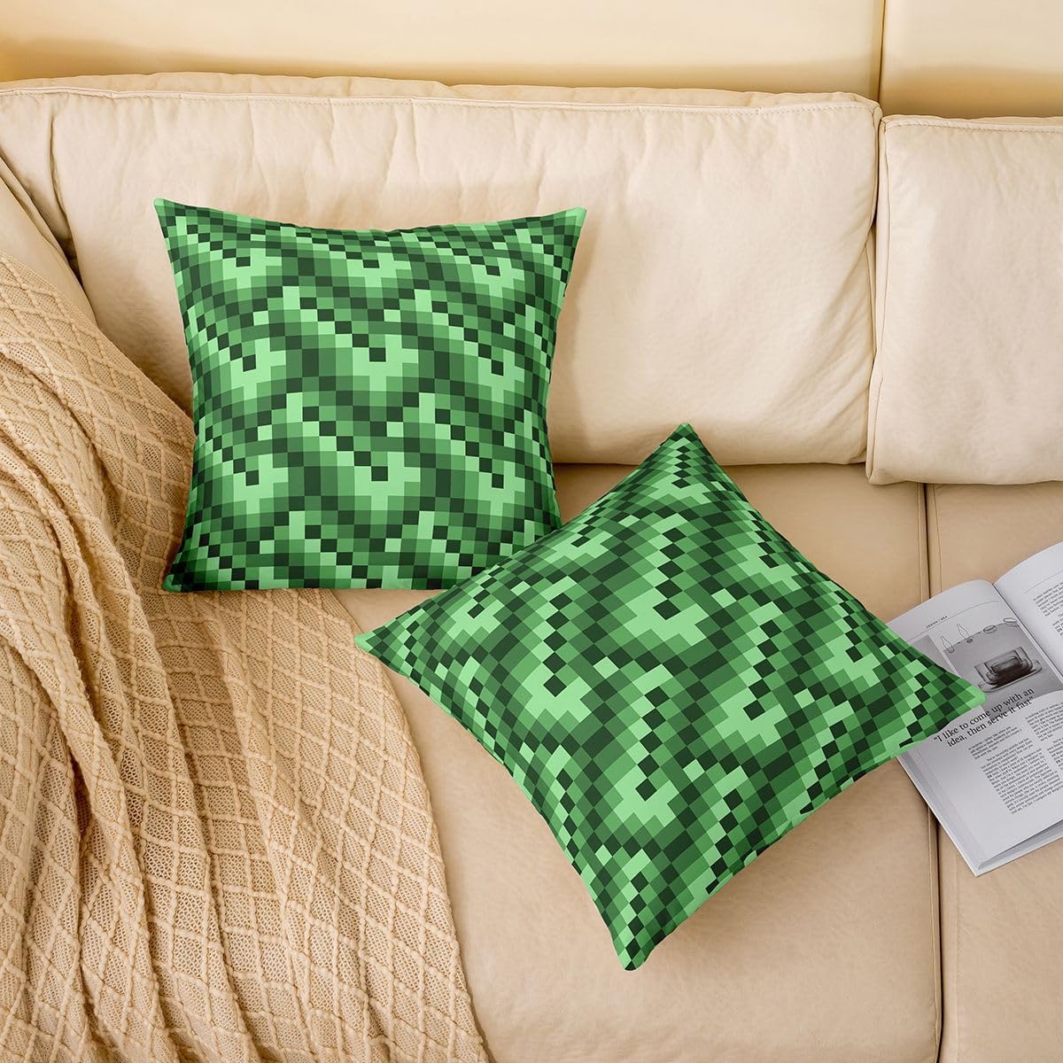 Pixelated Square Kids Throw Pillow Cover,Geometric Check Pixel Lattice Double Sides Pillow Case,Gamepad Video Games Gaming Home Decor,Green Black Bed Couch Sofa Cushion Cover,1 Pack 18"x18" image 3