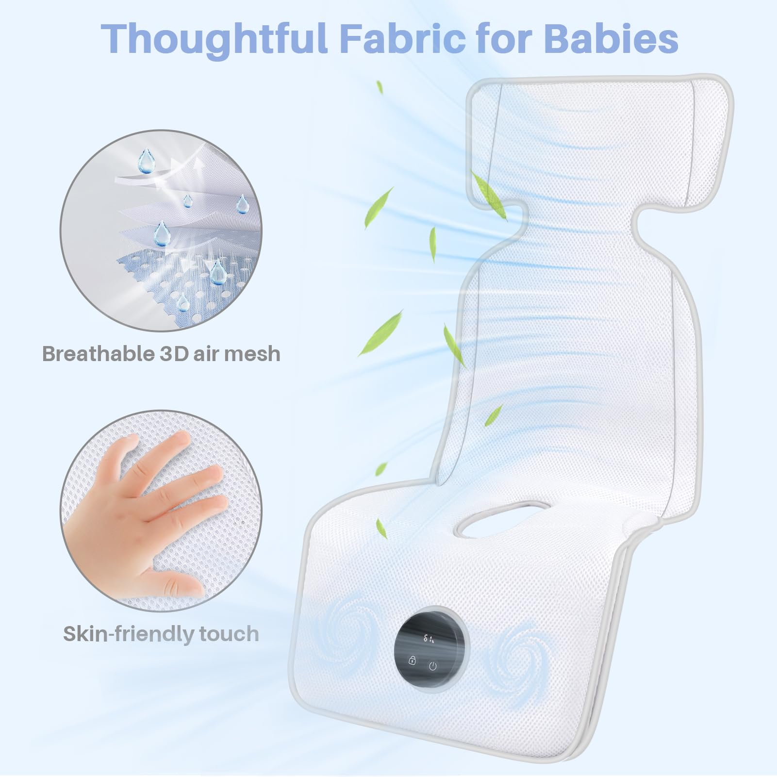 Sendowtek Colchoneta Silla Paseo Universal, Almohadilla Carro Bebe de Malla 3D Aireada con Ventilador Ajustable, Funda Silla PaseoTranspirable para Verano Exterior Interior Cuna Silla de Auto
