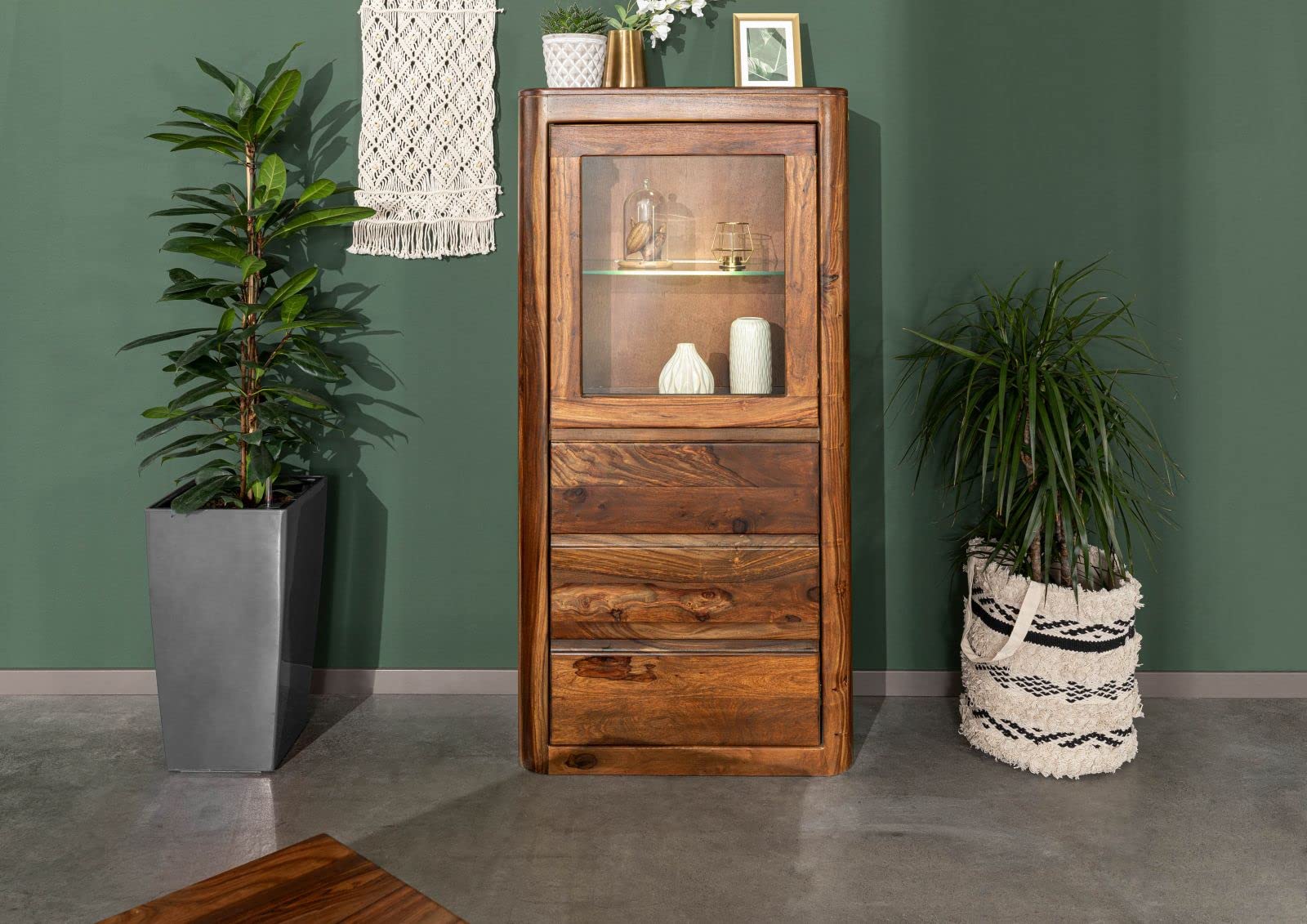 MASSIVMOEBEL24.DE | Toronto Vitrine 70x145x40 Sheesham/Palisander Größen, Farbe:Dunkelbraun gewachst, Größe:70x40x145 cm (BxTxH)