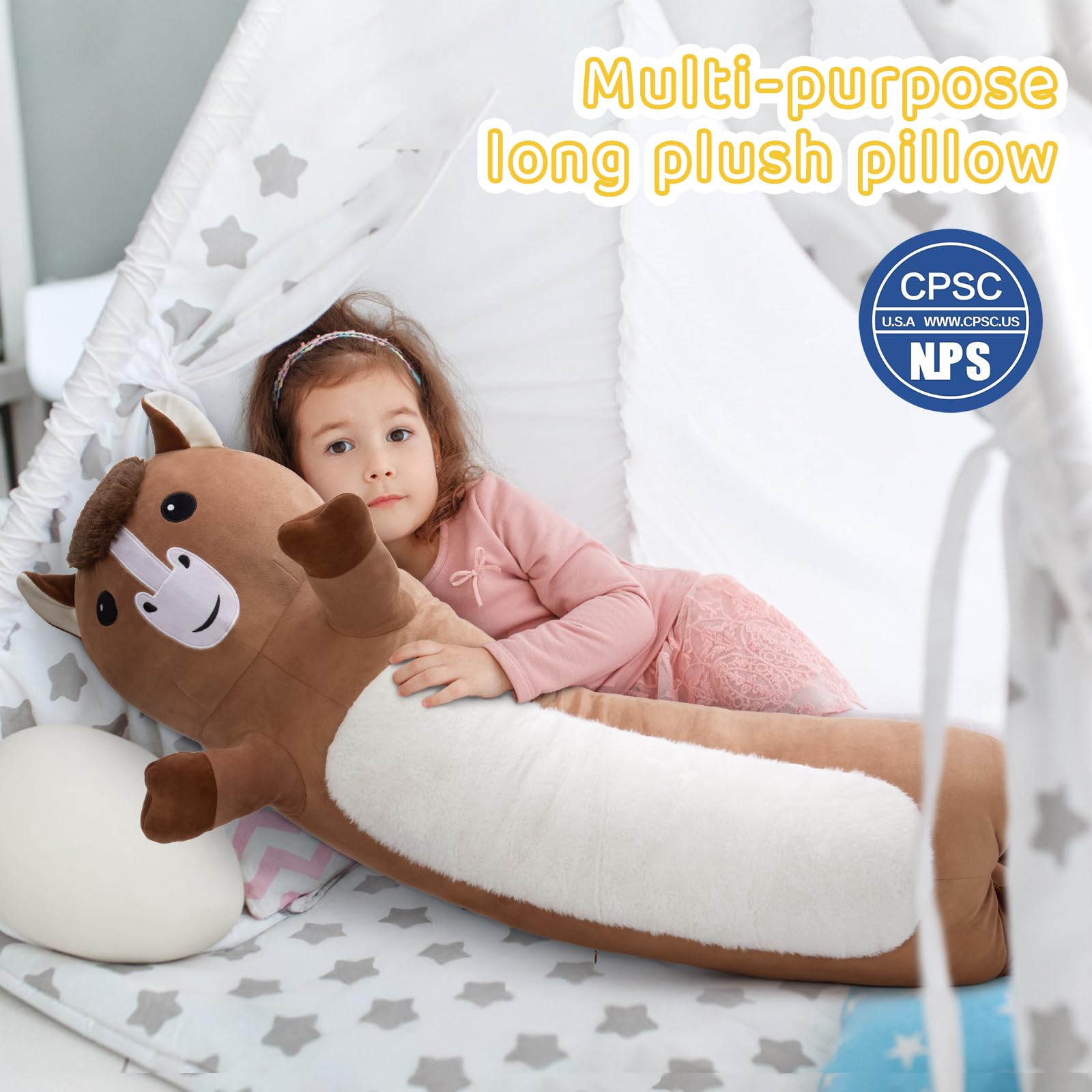 KERTA 43 Inch Giant Horse Stuffed Animals, Soft Long Stuffed Horse Plush Boby Pillow for Boys Girls, Large Stuffed Pony Toy Gift for Birthday Christmas 5