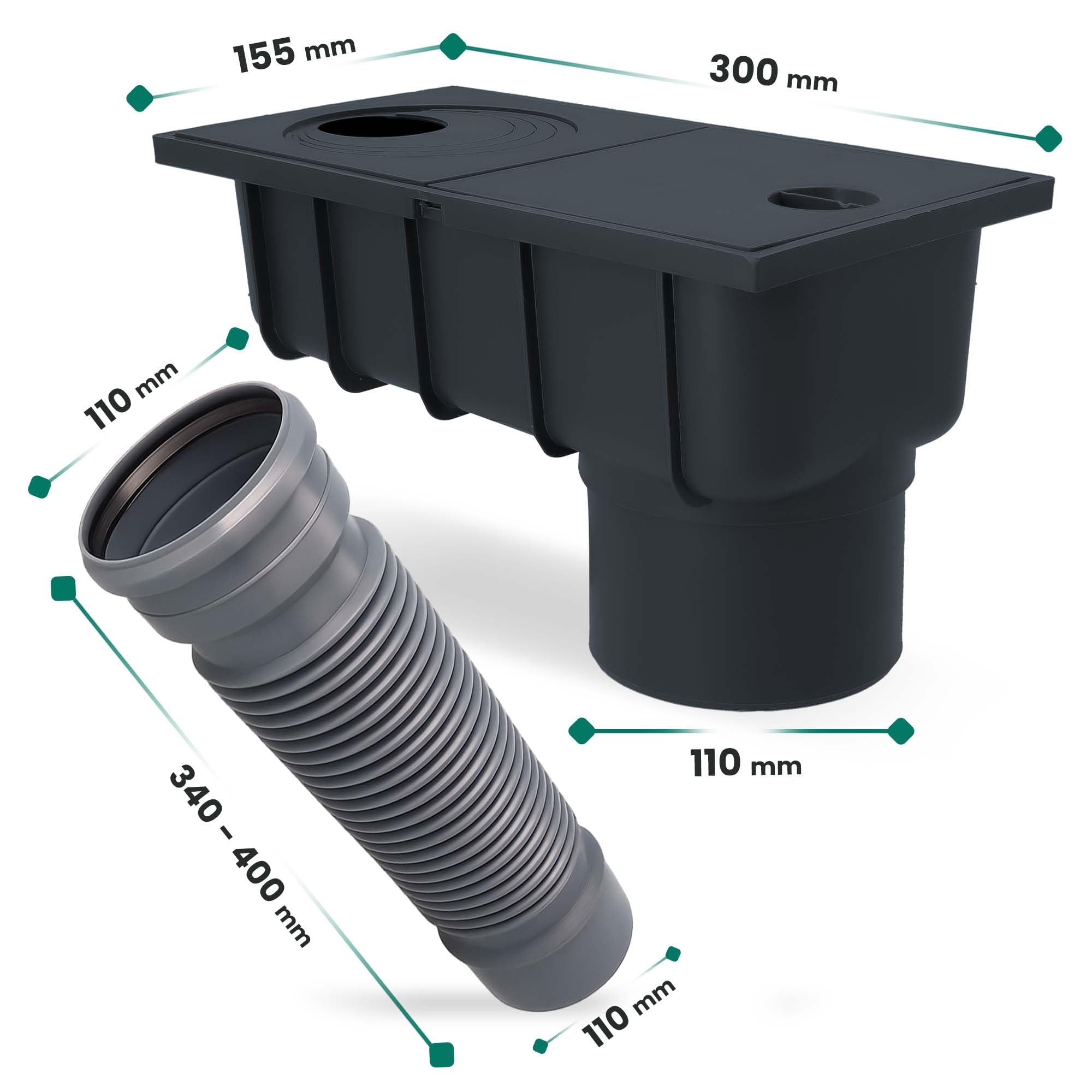 Millto Regensinkkasten 110 mm Regenwasserablauf Dachrinnenablauf Hofablauf Regenrohrablauf Sinkkasten Entwässerung Kontrollschacht mit Sieb und Flexibles Rohr 340-400 mm Graphit