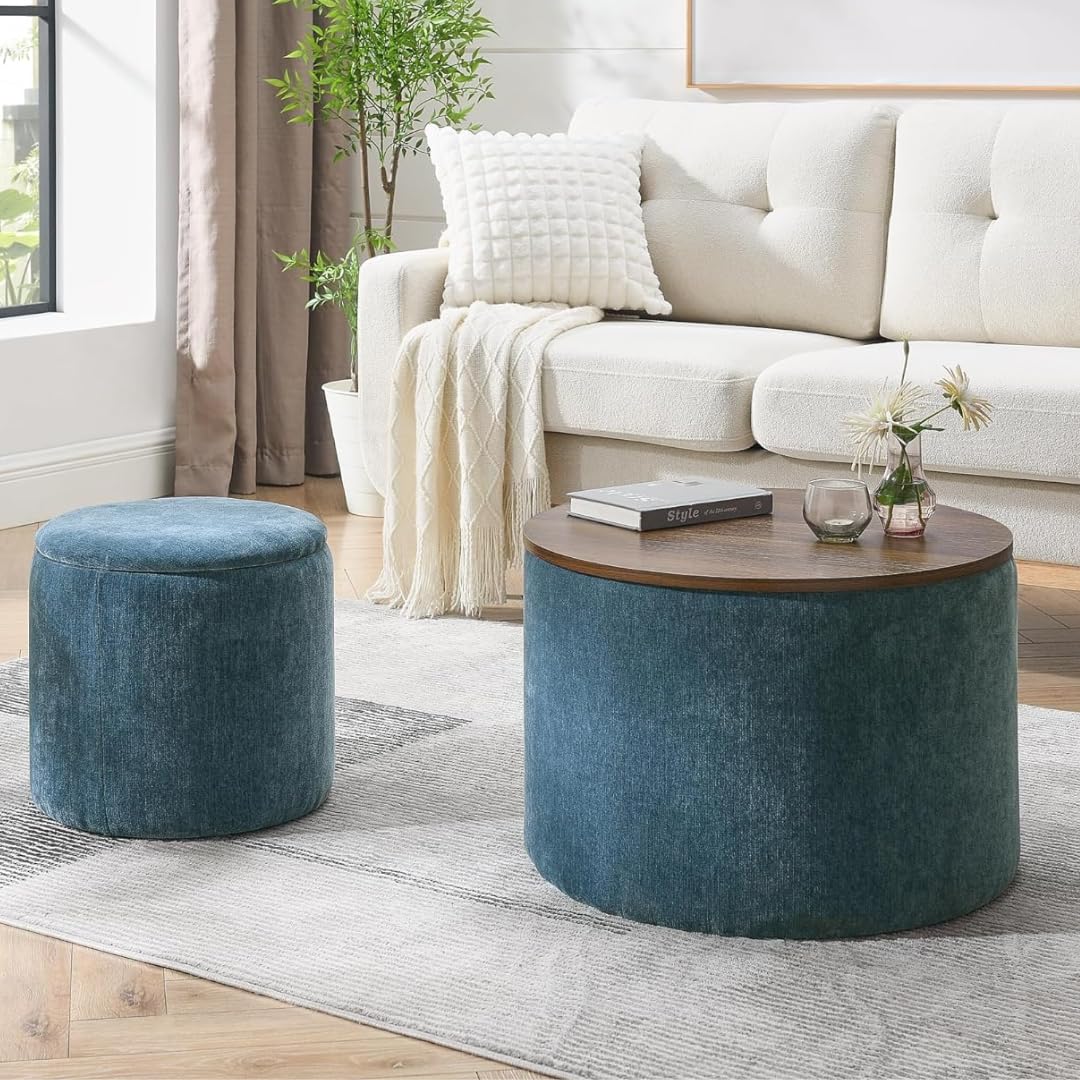 Woodilla Elegent Debe Round Velvet Ottoman Coffee Tables with MDF Top,Storage Tables for Living Room, Centre Tables, Tea Tables, Farmhouse, Wood Drum Coffee Table Ottomans Set of 2 (Navy Blue)-image-21