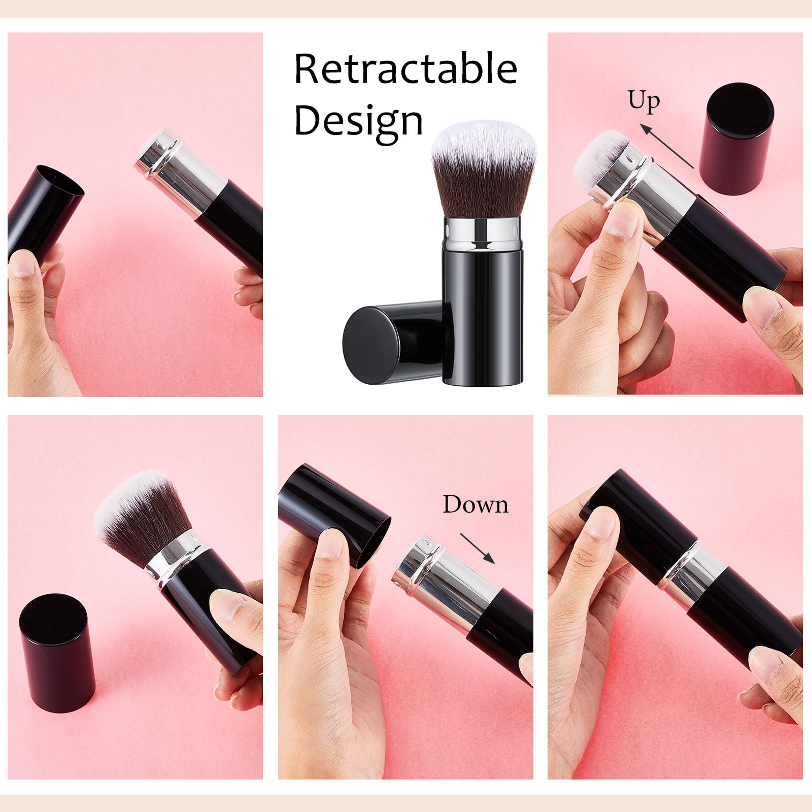 2 brochas retráctiles Kabuki para base de maquillaje, brochas de maquillaje portátiles para viajes, bronceador, rubor, con cubierta para rubor, bronceador, crema en polvo suelto (negro, plateado,