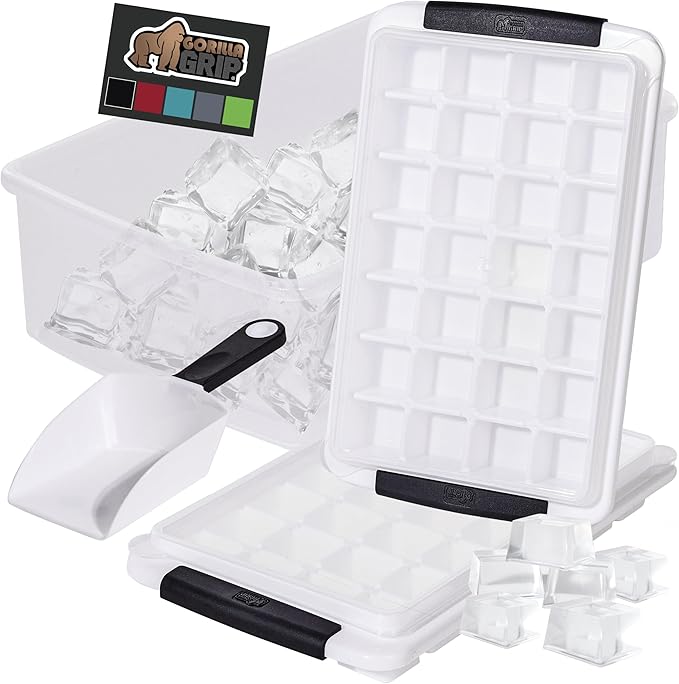 GORILLA GRIP BPA-Free Easy Release Ice Cube Tray for Freezer, Make Lots of Ice, 56 Cubes Total, Kit Includes 2 Stackable Leakproof Trays with Lid and Soft Handle Grips, Scooper, Bin, For Coffee, Black