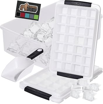 GORILLA GRIP BPA-Free Easy Release Ice Cube Tray for Freezer, Make Lots of Ice, 56 Cubes Total, Kit Includes 2 Stackable Leakproof Trays with Lid and Soft Handle Grips, Scooper, Bin, For Coffee, Black