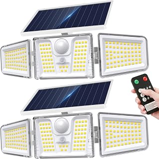 KOOPER Solar Motion Lights Outdoor, 210 LED Remote Solar Flood Lights 2PK | 3 Heads 300°Motion Sensor Outdoor Lights, 3 Modes & Upgraded Panel, IP65 Waterproof Solar Security Lights for Yard & Garage