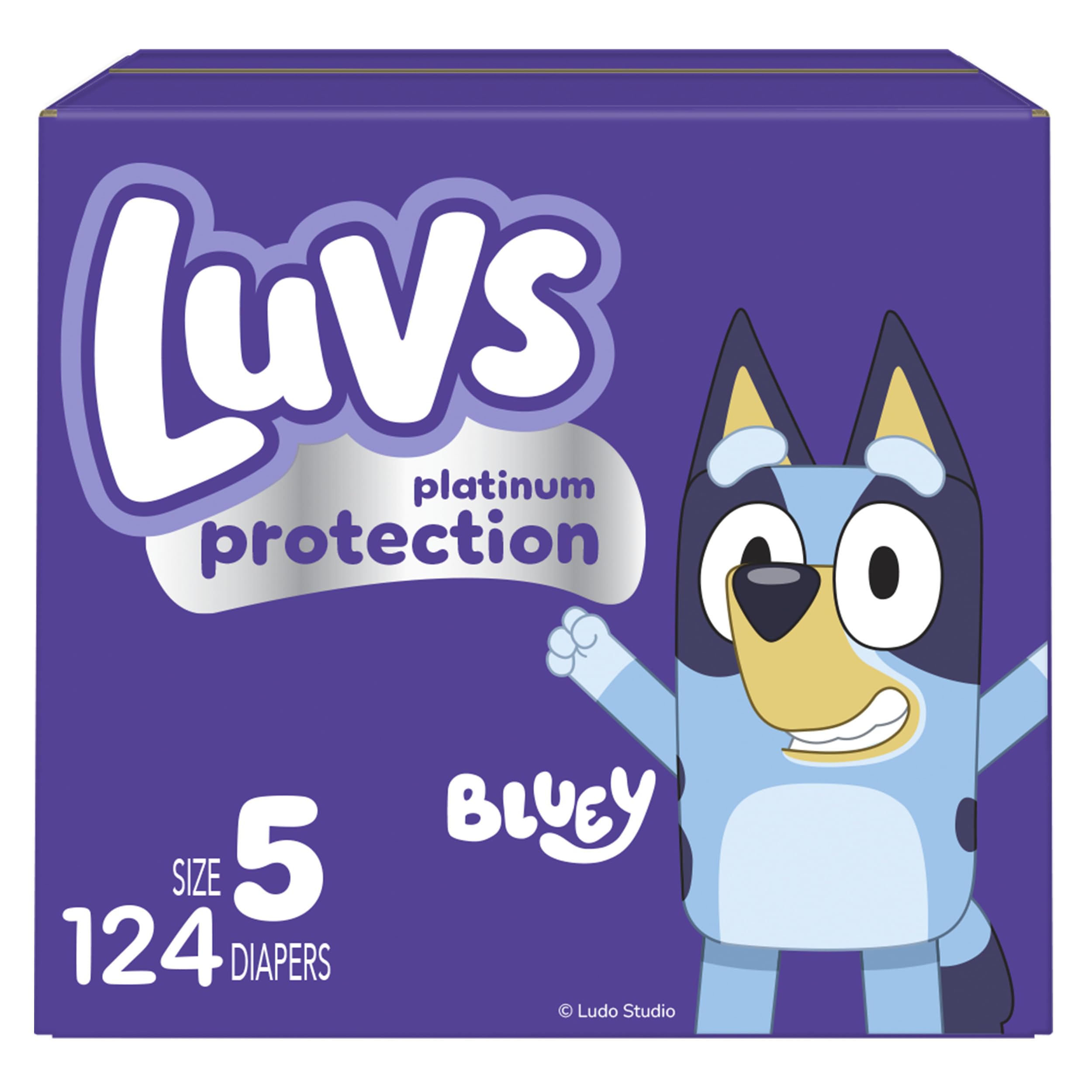 Luvs Size 5 Baby Diapers, Platinum Protection Bluey Diapers for Day &amp; Night, Size 5, 124 Count (Packaging May Vary)