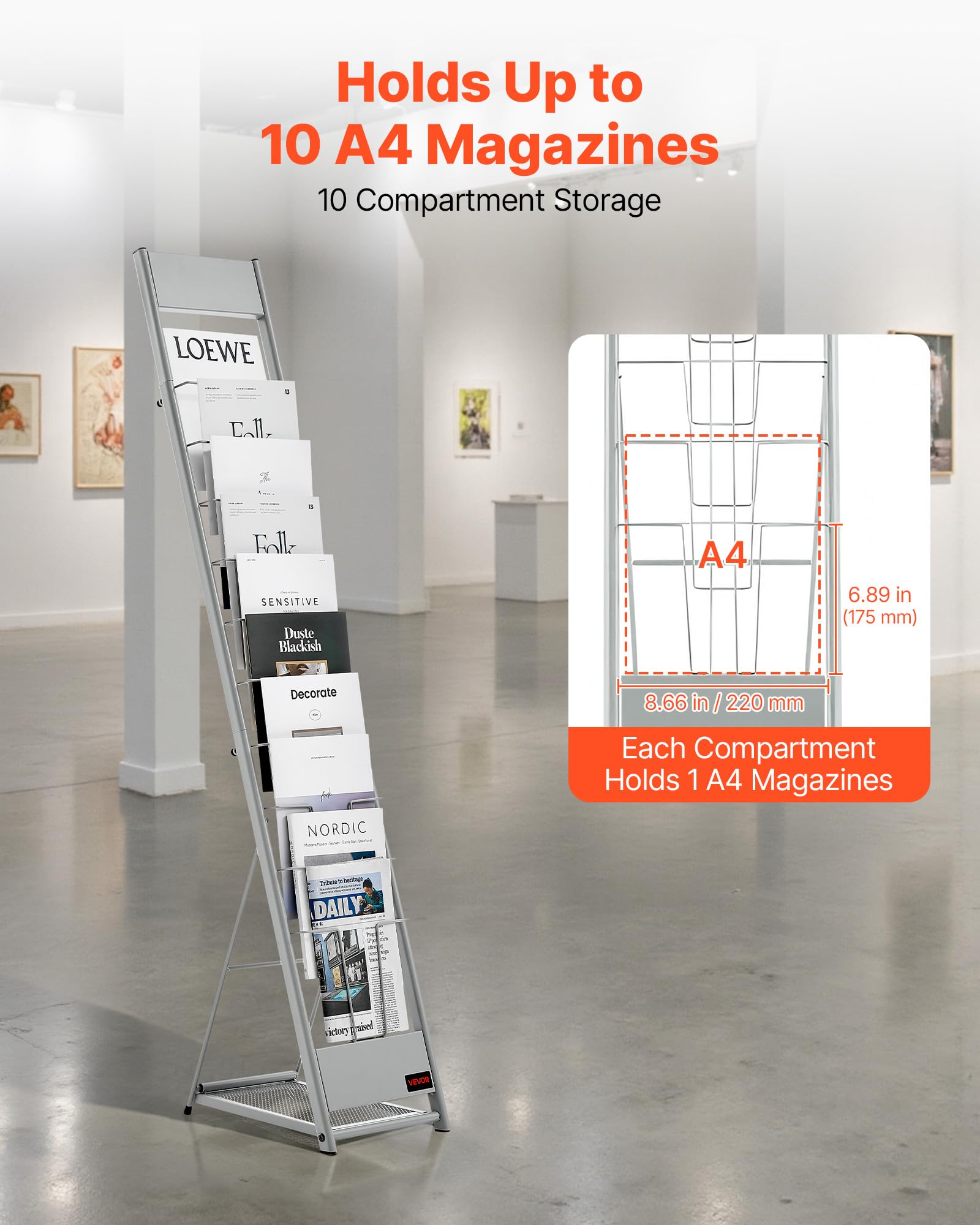 VEVOR Prospektständer Zeitschriftenständer mit 10 Taschen, Literaturständer Kataloghalter Schrägsteller, Buchständer Bodenaufsteller für Messen, Büroshows, Ausstellung Geschäfte, Silber