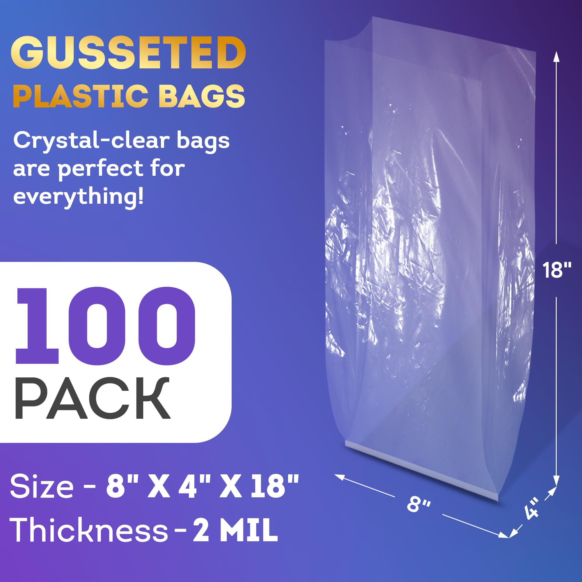 Amazon.com: APQ Clear Gusseted Poly Bags, 8 x 4 x 18 Inches