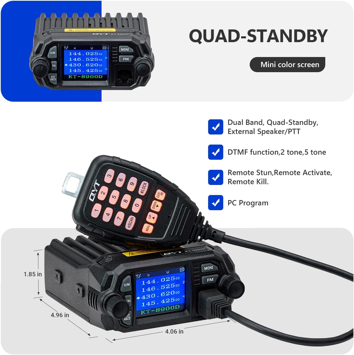QYT KT-8900D GMRS Mobile Radio | Dual Band 25 Watts Power Output | 200 Channels | CTCSS and DSC | UHF Scanning | GMRS Repeater Capable | Ideal for Off-Roading and Vehicle Driving