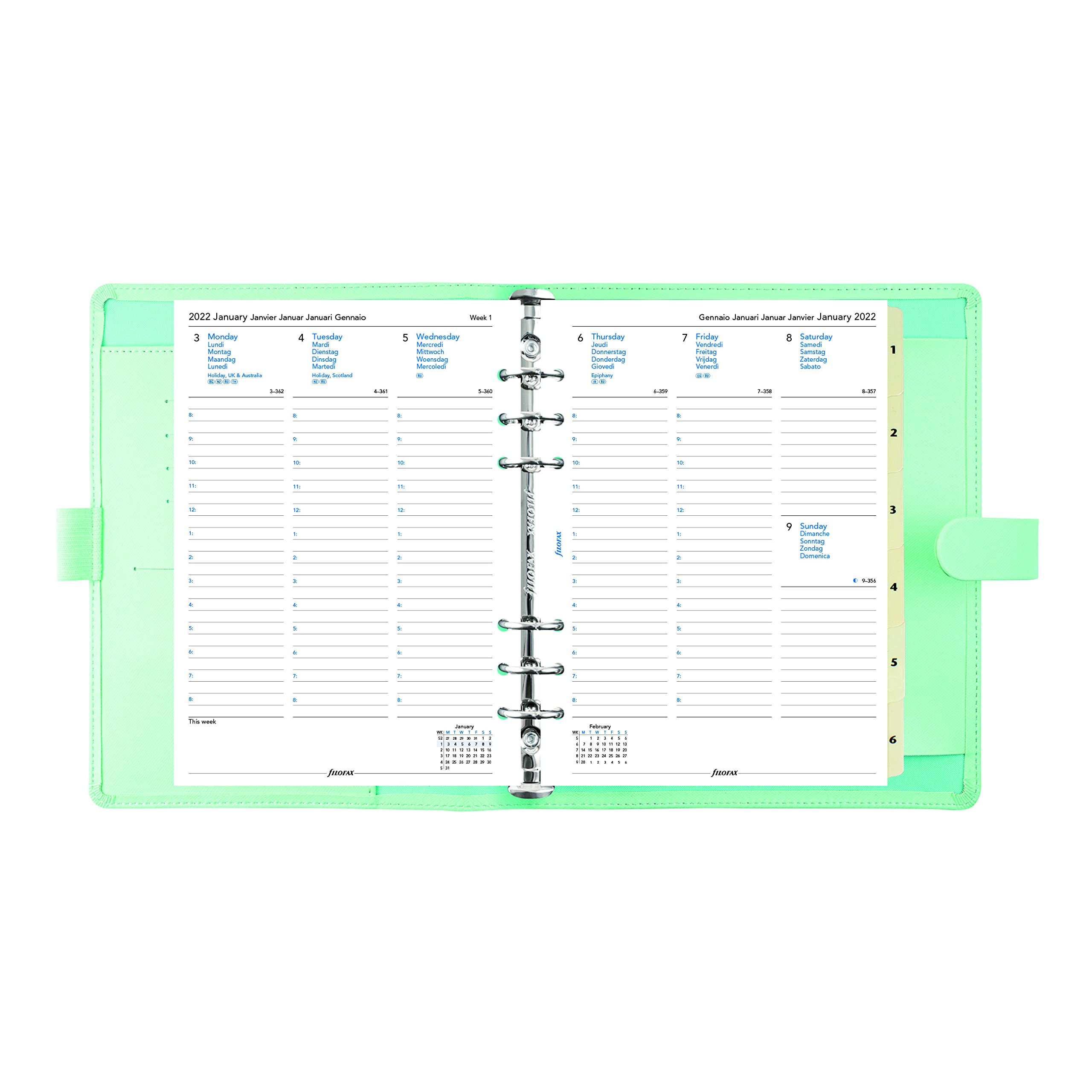 Filofax Saffiano Organizer A5 Größe Neo Mint - Cross-Grain, Lederoptik, Sechs Ringe, Wochenansicht, Kalender 2022 (C028802-22) 5.75 inches X 8.25 inches