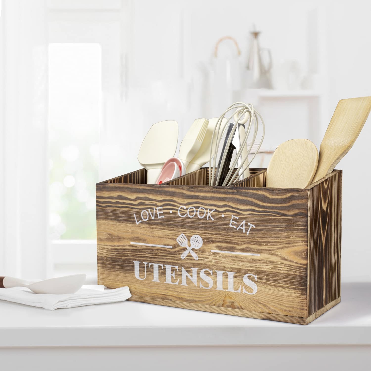 Guolich Wooden Brown Utensil Holder,Kitchen Counter Organizer for Worktop,Cutlery Holder,Kitchen Utensil Organizer,Cooking Utensil Storage & Decor, Large Utensil Holder, Cooking Tools Storage