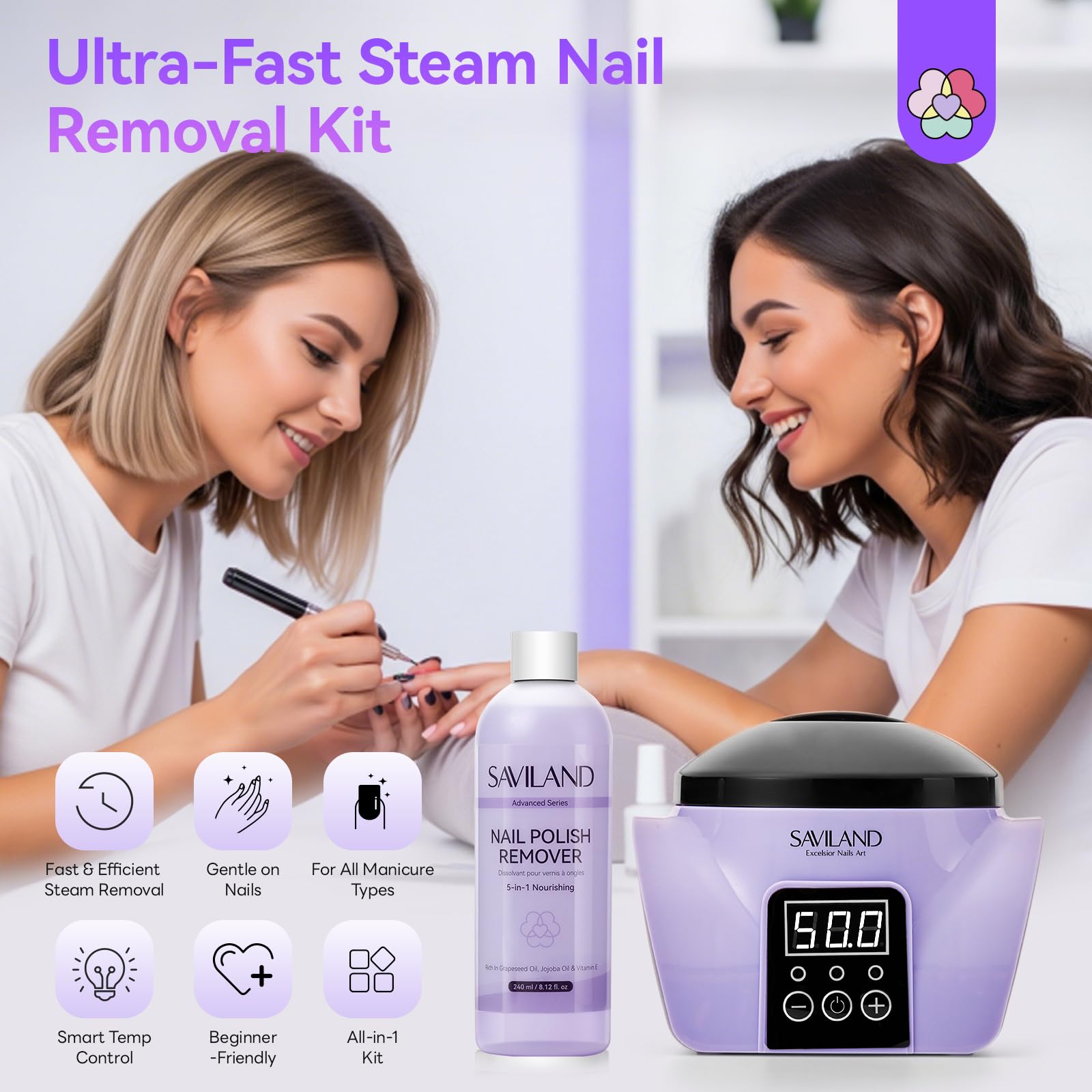 SAVILAND Essentials Nageldampfer Entferner Set: Ultraschnelle und Unschädliche Gel Nagelentfernungsmaschine mit Nagellackentferner Elektrischer Nagel Soak Off Schüssel Nano Dampftechnologie Aceton