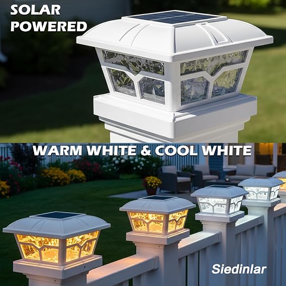 SIEDiNLAR Solar Post Cap Lights Outdoor 2 Color Modes 8 LEDs for 4x4 5x5 6x6 Posts Fence Deck Patio Decoration Warm & Cool White Lighting (4 Pack)