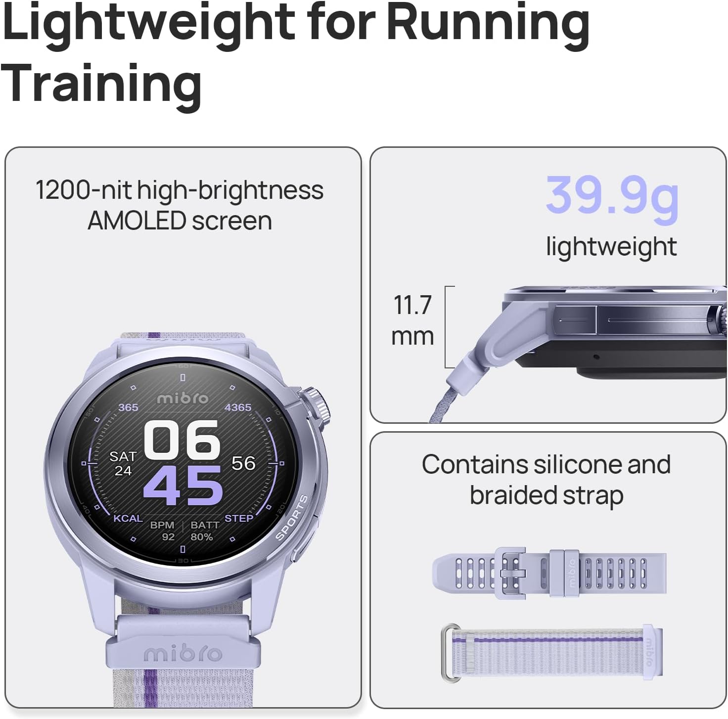 mibro GS Active2 Running GPS Smartwatch with 46mm AMOLED, Lightweight and 15-Day Battery, Supports Training Guidance and Dual-Band GNSS, 150+ Sport Modes (Light Purple)