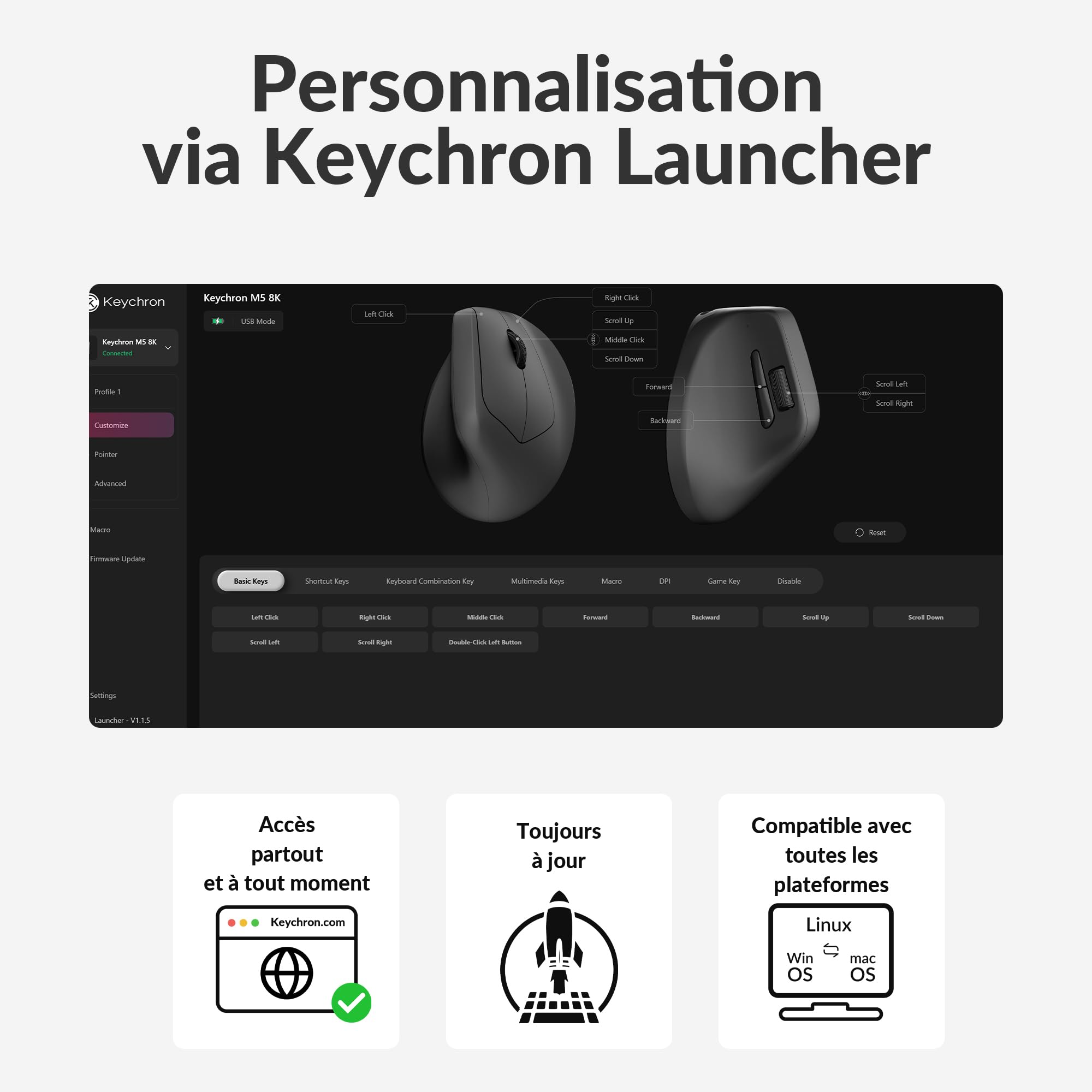Keychron M5 Souris Verticale Ergonomique, 30000 DPI, 750 IPS, Récepteur 2.4 GHz/Bluetooth 5.3/USB-C, 600 mAh Batterie, Souris Gaming sans Fil Programmables pour Windows/macOS/iPadOS - Noire