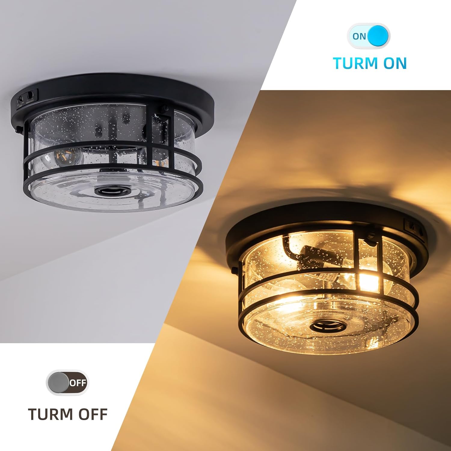 Outdoor Ceiling Light with Motion Sensor Flush Mount Round Porch Light, Industrial 2-Light Dusk to Dawn Ceiling Light Fixture with Clear Glass for Entryway Garage Front and Back Yards, Black