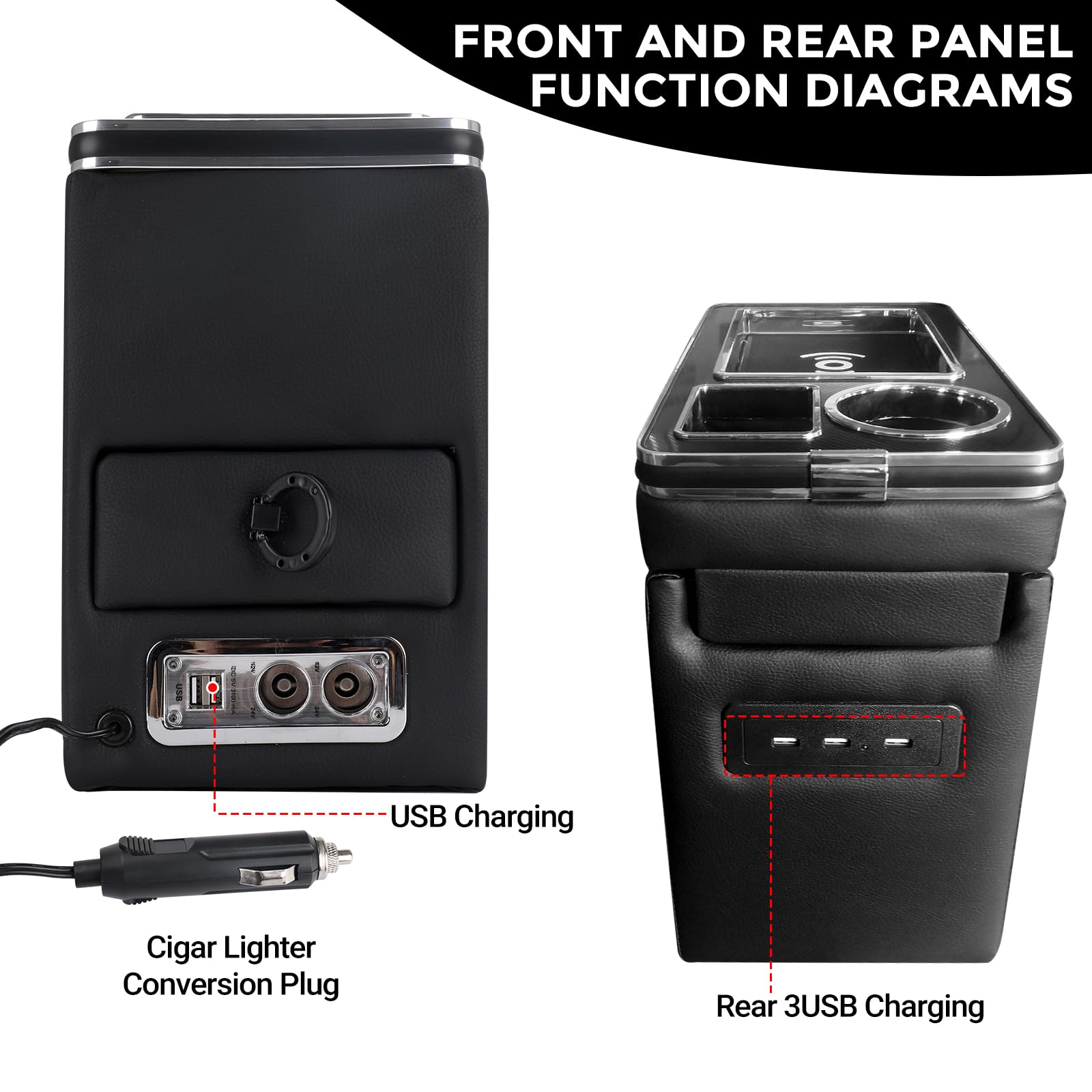 Console Centrale per T4 T5 T6 T6.1 T7, Scatola Portaoggetti Universale per Bracciolo Aggiornata con Vano Portaoggetti, Porte di Ricarica Usb e Luci a Led, con Funzione di Ricarica Wireless