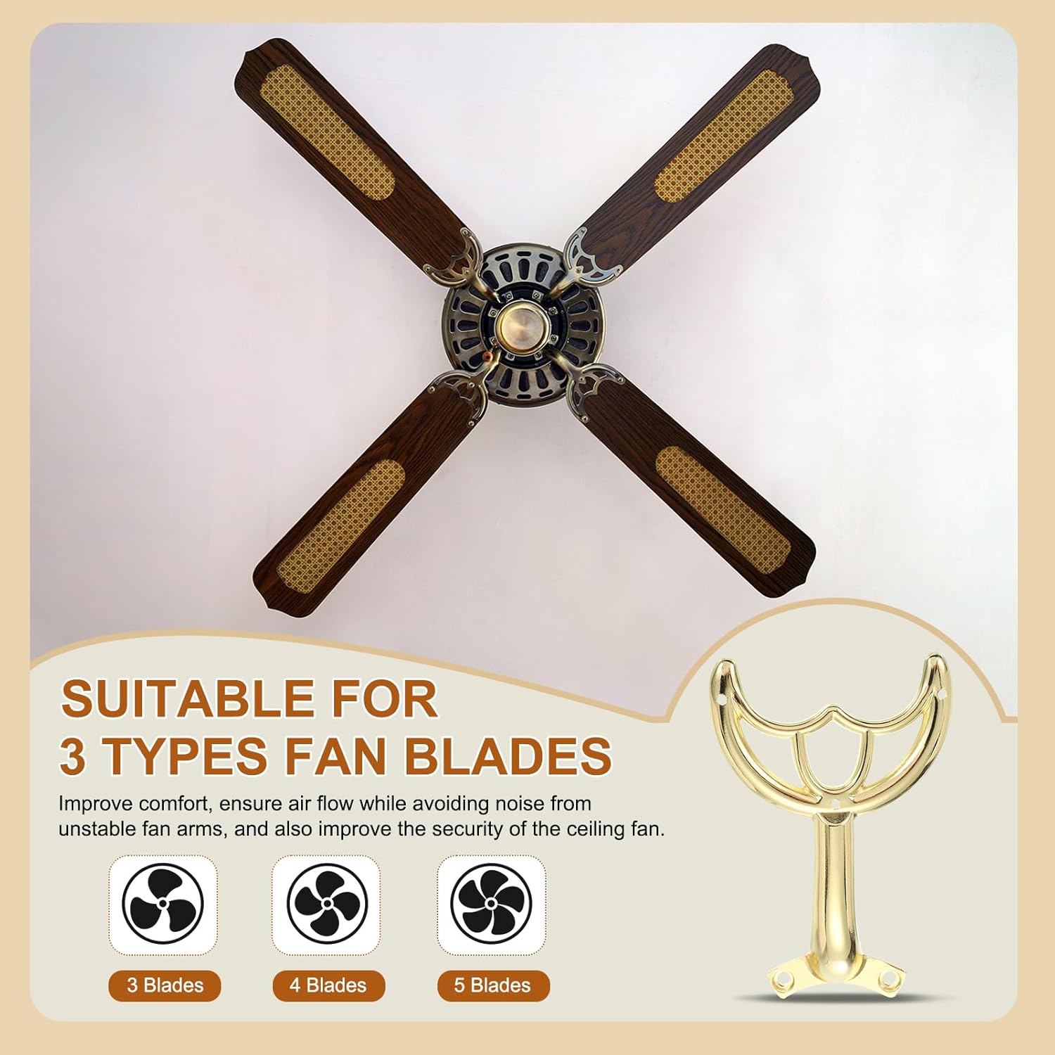 PATIKIL Ceiling Fan Blades Arms Replacement, 4 Pcs 52" Fan Blade Replacement Parts Mounting Bracket Kit for Replacing the Worn Fan Blades, Gold