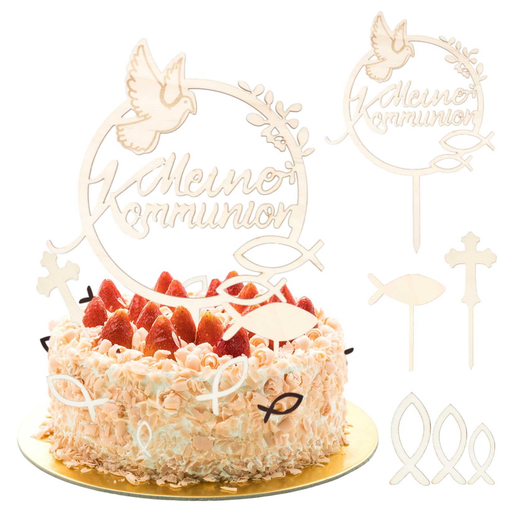 39 Tortendeko Kommunion, Cake Topper Meine Kommunion: 1 groß Meine Firmung Kuchen Deko & 36 Holz Fische Streudeko & 2 Fisch und Kreuz Torten Topper, Erstkommunion Dekos Junge Mädchen Gastgeschenke(A)