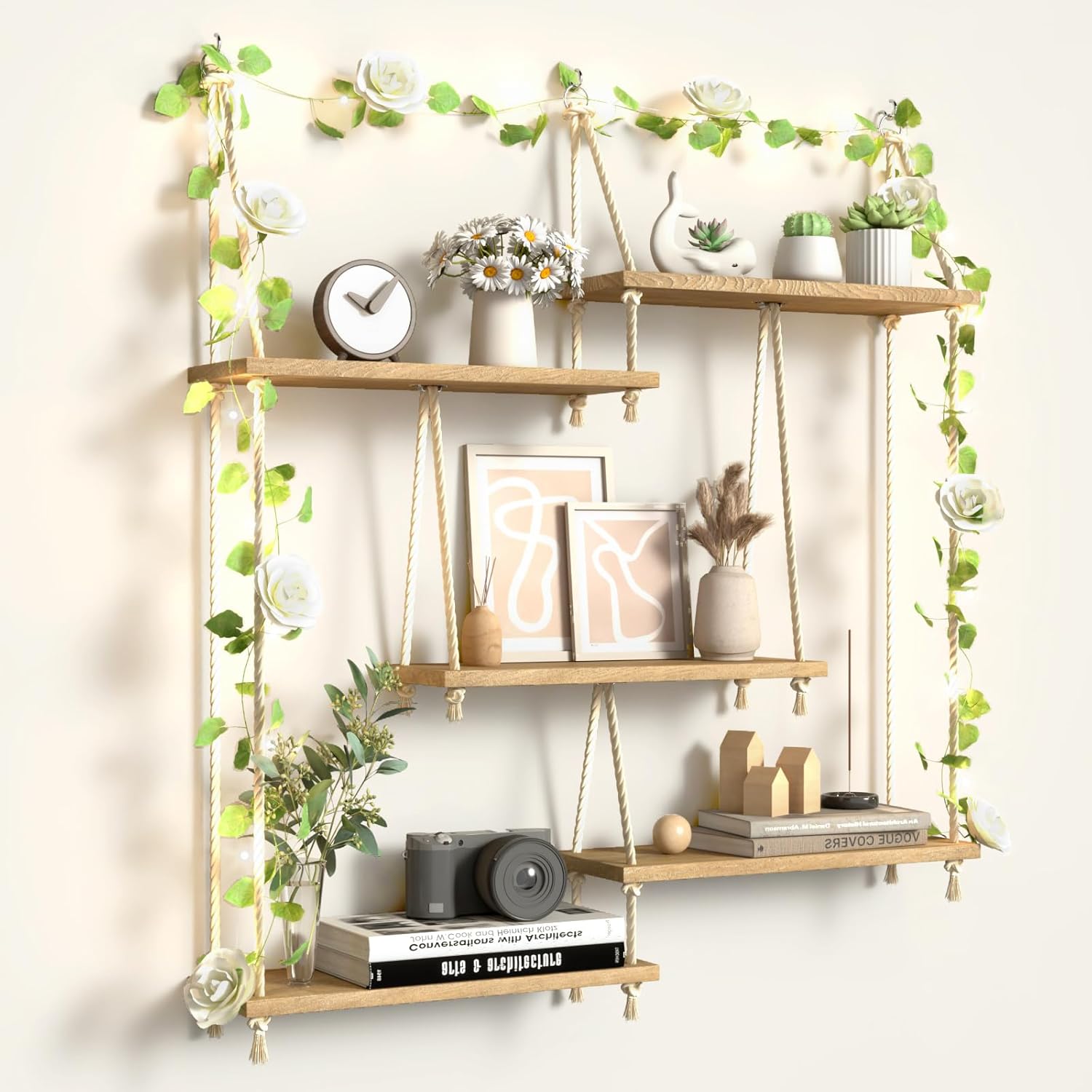 Hanging Shelves for Wall with Vine Lights 5 Tier Boho Wall Shelf Macrame Floating Shelves Rope Rustic Wood Organizer Storage Hanger Rack Decor Aesthetic for Succulents Bedroom Kitchen Bathroom Home