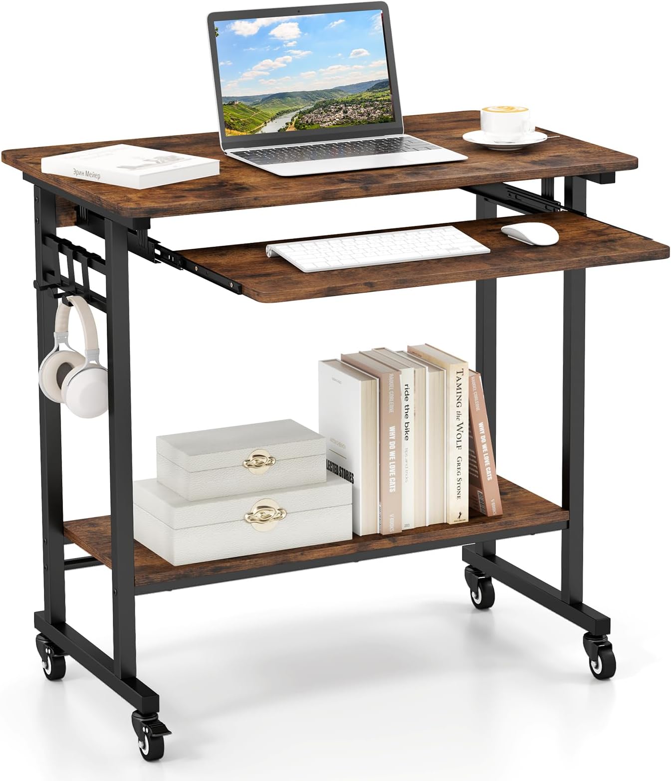 Giantex Rolling Computer Desk, Mobile Portable Desk with Keyboard Tray & Wheels, Laptop PC Table Cart with Shelf & Hooks, Industrial Small Desk for Small Spaces, Home Office, Bedroom, Rustic Brown