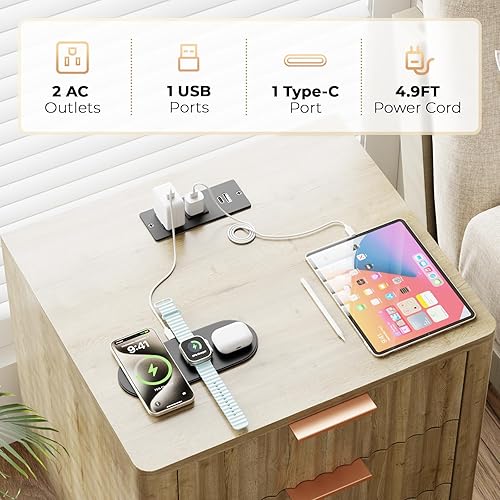 Miniatura 3 de Fluted Nightstand with Charging Station, Multifunctional 3 Drawers Storage Bedside Table, Solid Wood Modern Nightstand, Curved Profile Design, End