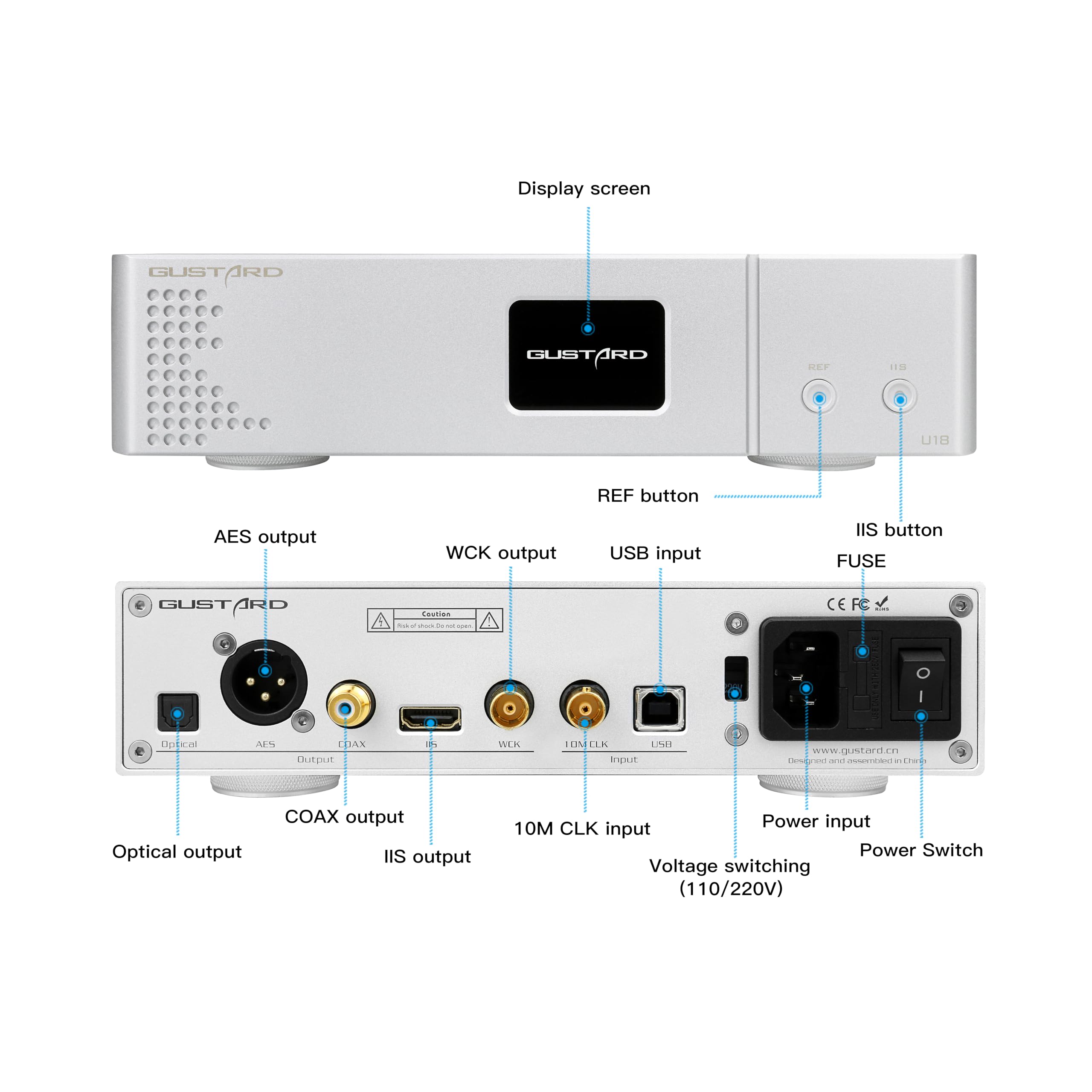 GUSTARD U18 Interfaccia Digitale DSD512 PCM768K XU216 Isolamento da Terra AS338 Hi-END USB Convertitore (Nero)