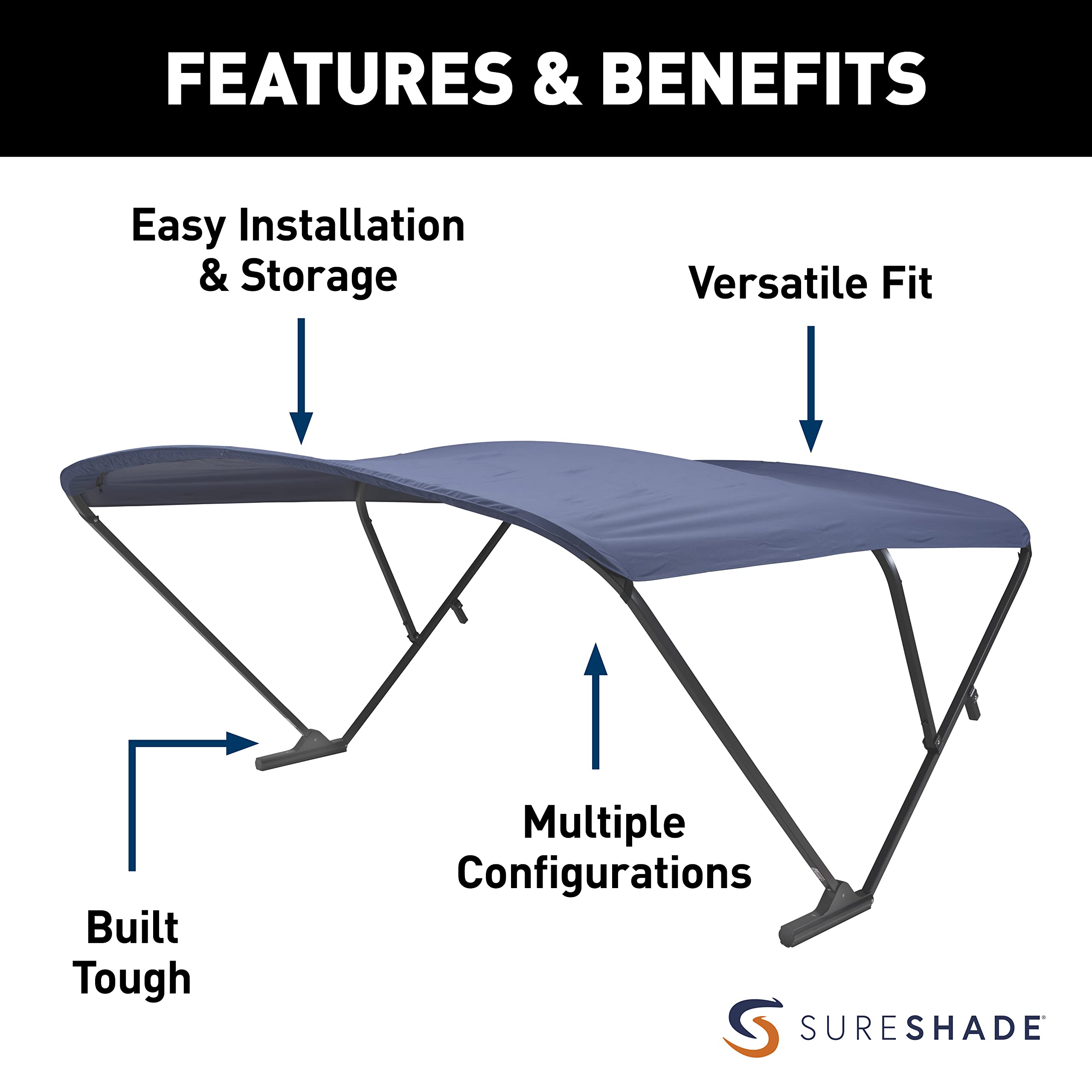 SureShade Power Pontoon Bimini Top - Black Anodized Frame, Navy Fabric