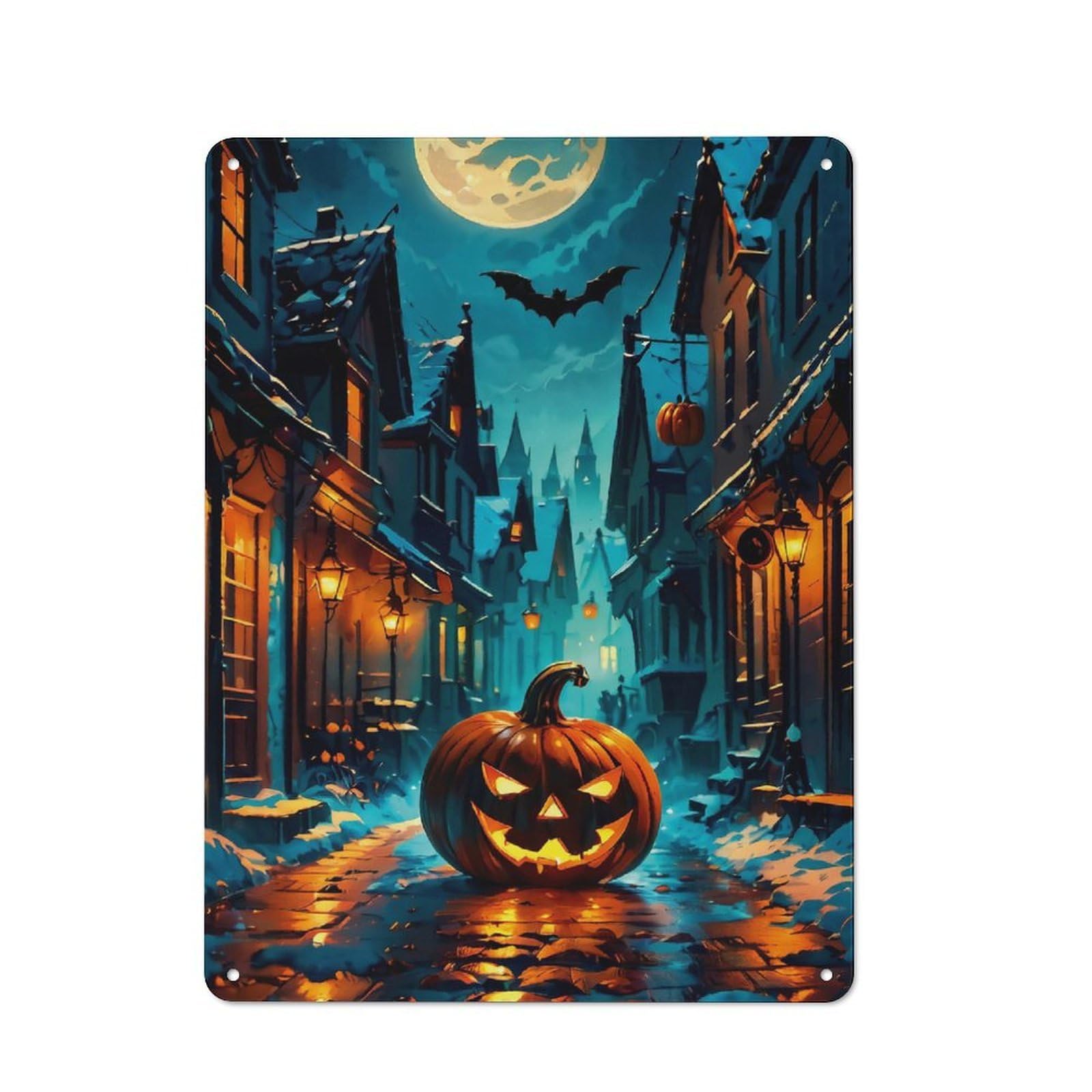 Metal Wall Sign 40x30cm Featuring Night Street And Pumpkin for Café Or Home Bar, for Metal Sign Collectors, for Garage And Workshop Walls