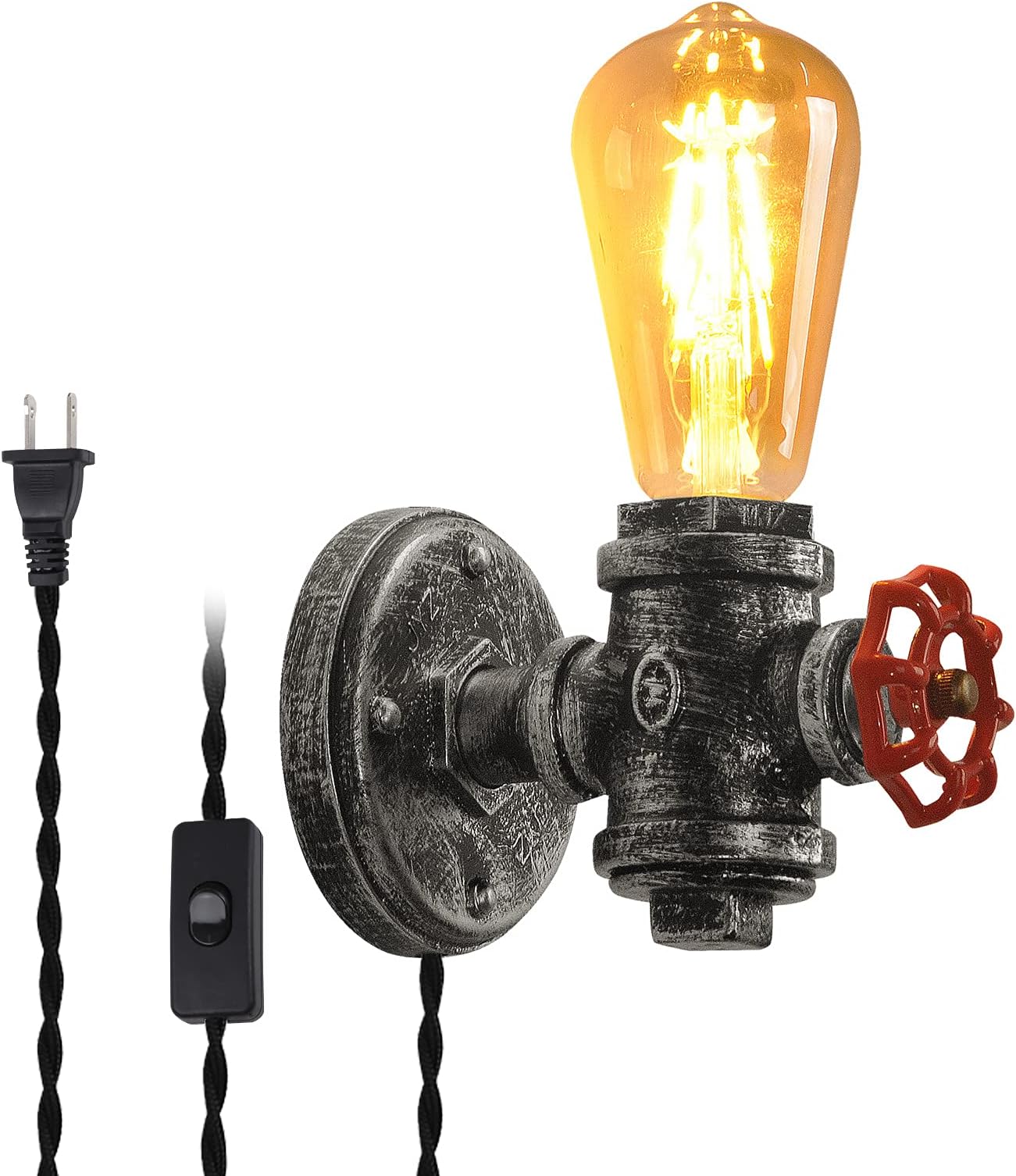 Industrial Wall Lamp Sconce Base with Plug-in Cord, Rustic Wall Mounted Fixture Antique Steampunk Light Vintage E26 Base Retro Lighting Farmhouse Decoration for Bedrooms Living Room(No Bulb)