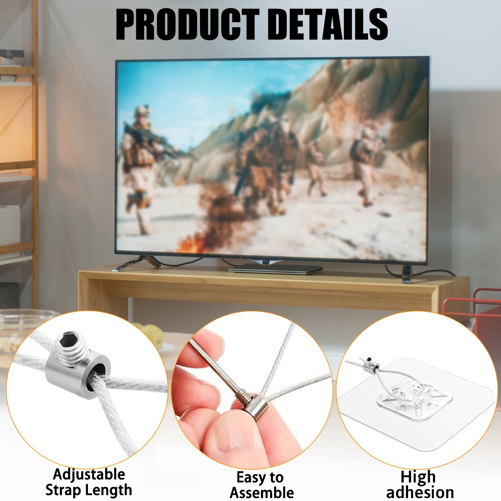 Sangles de Protection Anti-Basculement pour TV Meubles, Fixation sans Percage, Sécurité Réglable Mur/Télévision