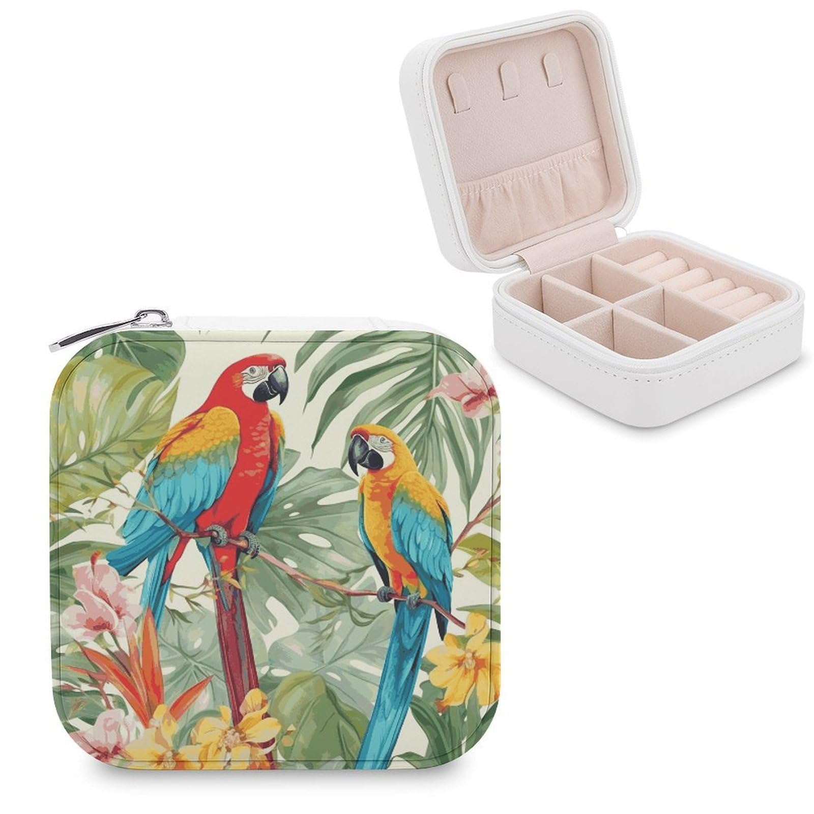 MUSM Tropical Plants And Parrots Travel Jewelry Case Personalized PU Leather Jewelry Boxes for Women Small Portable Jewelry Organizer Box Cute Trinket Box for Necklaces Rings Earrings & Gifts