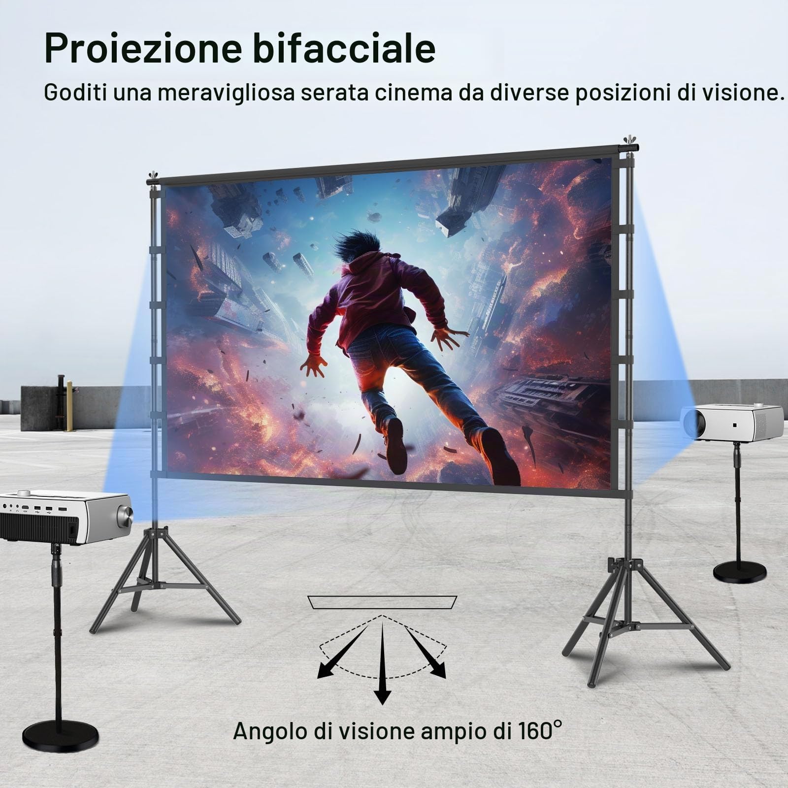 TOWOND Schermo per proiettore da 120 pollici, con supporto, pieghevole, portatile, 16:9, HD, per esterni per home cinema e giardino, proiezione anteriore e posteriore, lavabile in poliestere antipiega