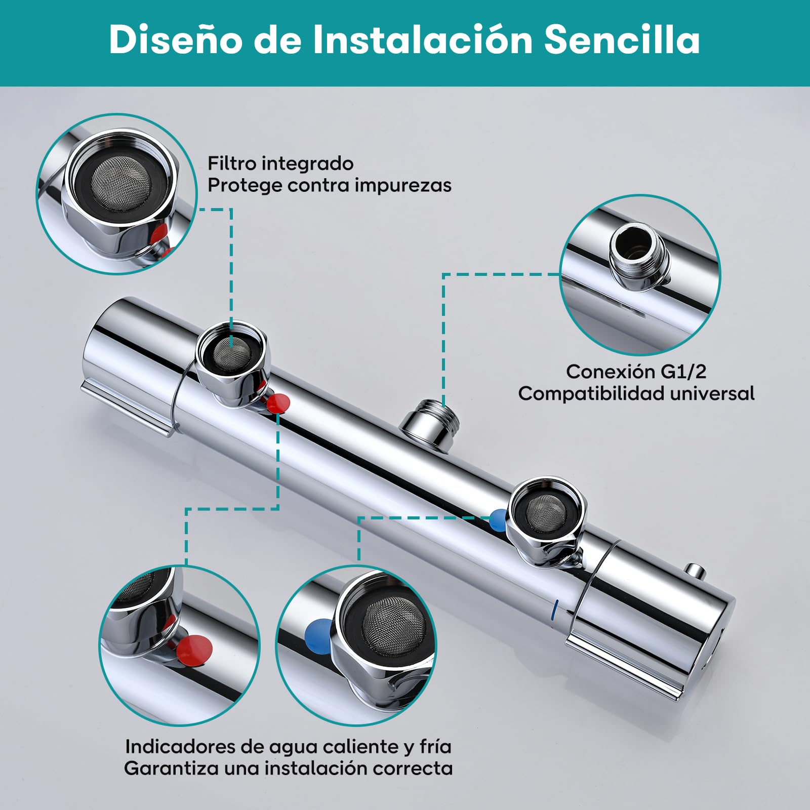 JZX Grifo Ducha Termostático, Grifo Ducha Botón de Seguridad 38°C, Cromado | Grifo de Ducha Termostático de acero Inoxidable, Instalación en Superficie, Termostático Ducha para Ducha y Bañera, Redondo
