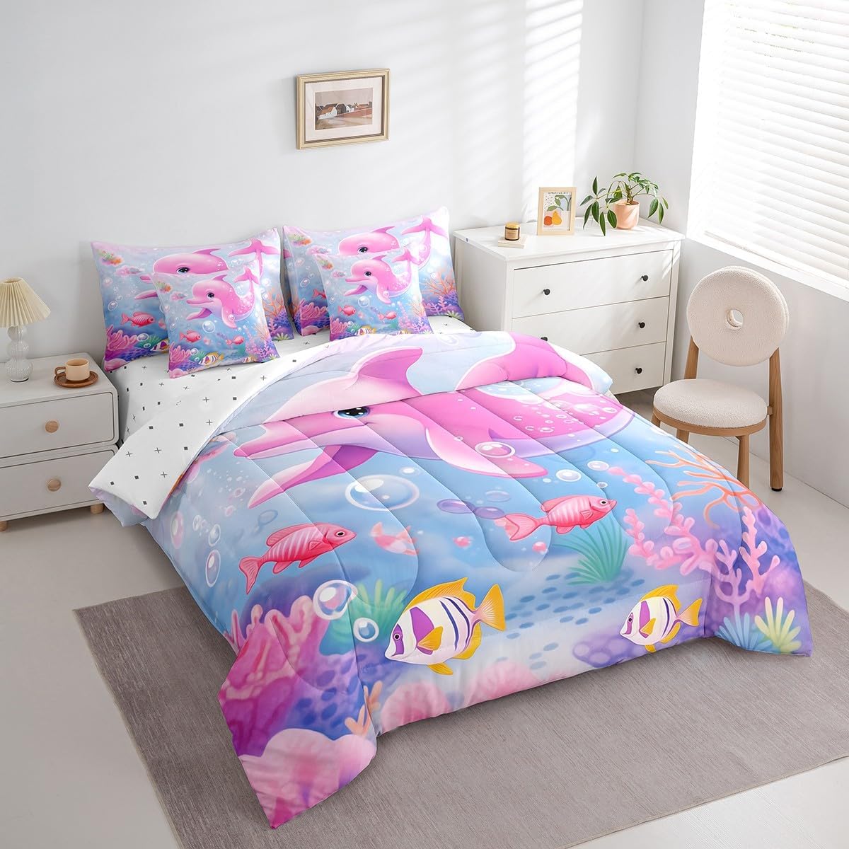 Erosebridal Girls Pink Dolphin Comforter Set Full 7 Piece Ocean Life Sea Animal Bed in a Bag,Nautical Marine Creatures Bedding Sets with 1 Fitted Sheet,1 Flat Sheet,2 Pillowcases,2 Throw Pillow Covers