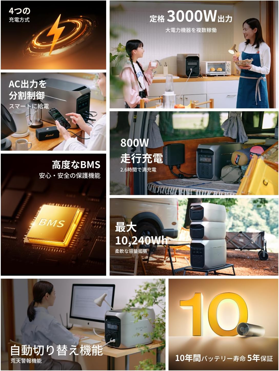 Overview of EcoFlow DELTA 3 Max Plus features including charging, output, BMS, and battery life