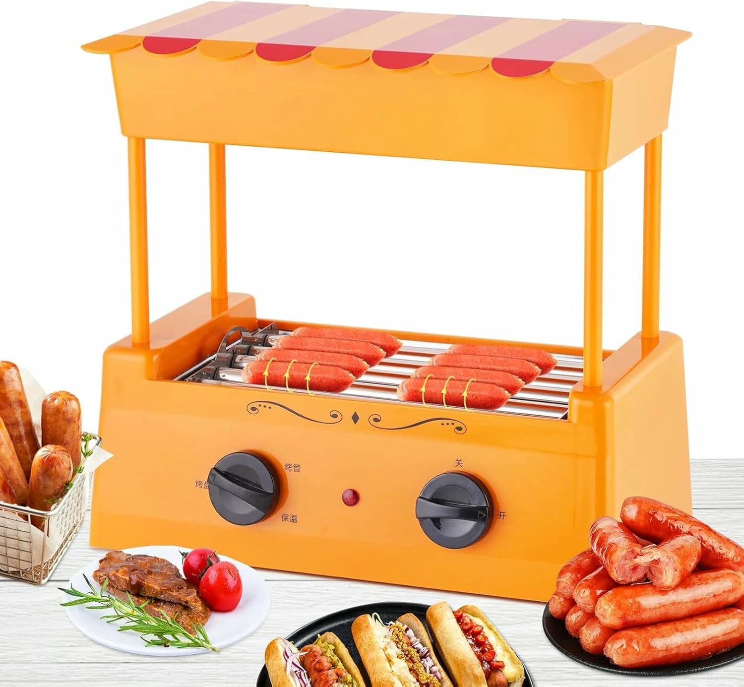 Hot Dog Roller Grill, Home Sausage Roller Grill with Grill Tube/Grill Pan, Suitable for Snack Stands, Convenience Stores