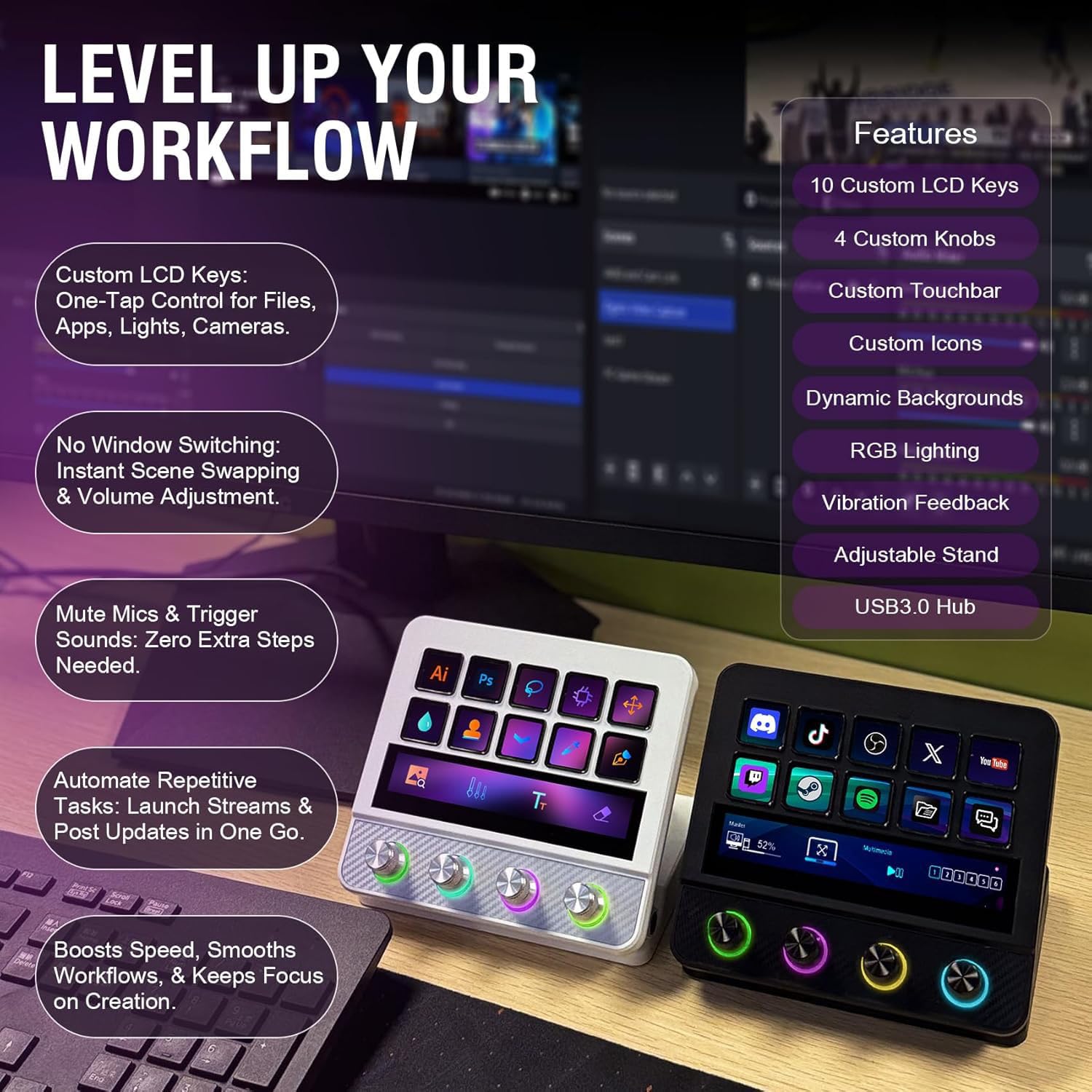ActionRingxVSDinside N4 Pro Stream Dock:10 LCD-Tasten, 4 RGB-Dreh-Encoder&Touch-Leiste-Programmierbare Makro-Tastatur, Stream Controller Deck für Streaming, OBS, Twitch, Gaming, MIDI (PC/Mac)