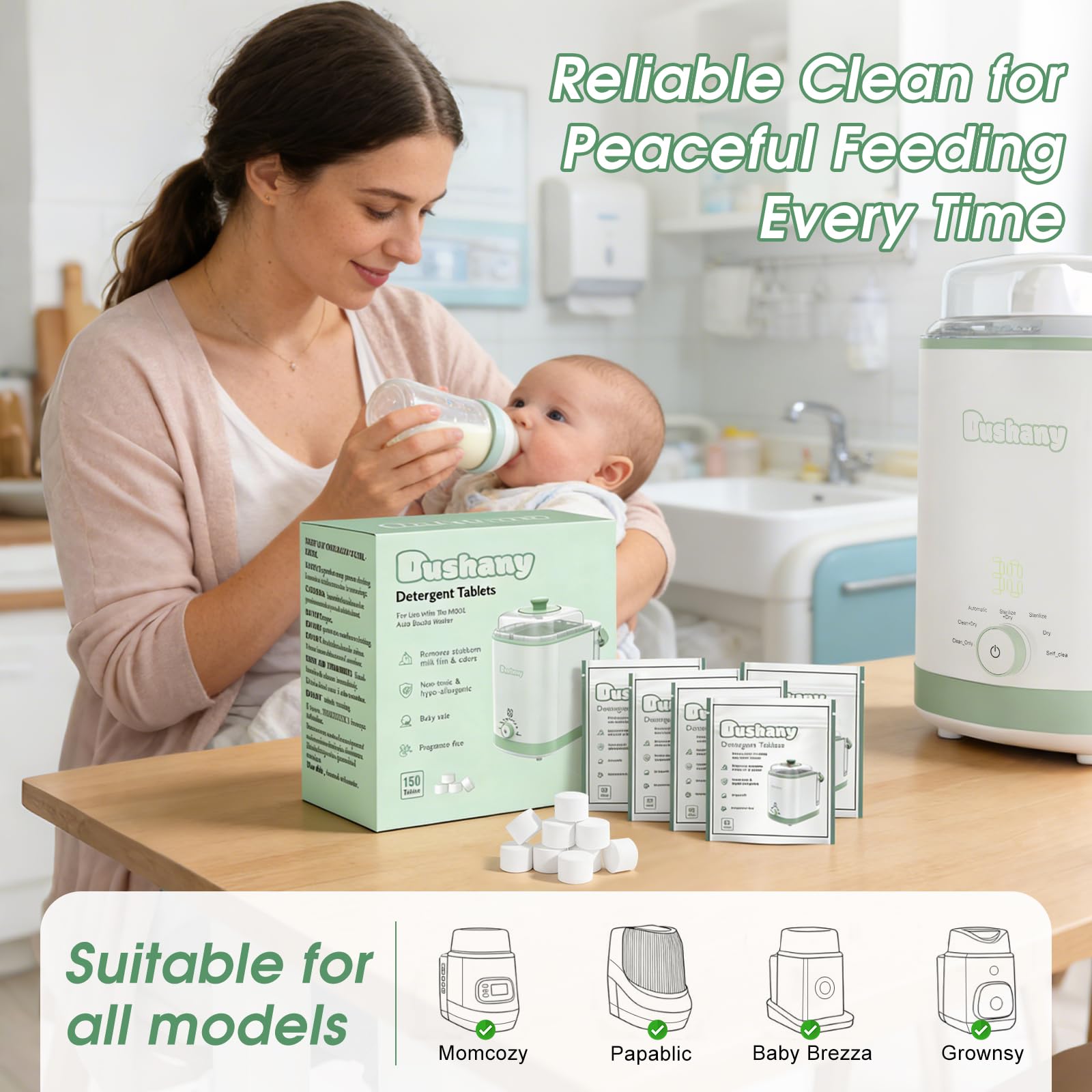 150 Reinigungstabletten für Babyflaschen – Kompatibel mit Momcozy, Baby Brezza, Grownsy,– Entfernt Milchrückstände & Kalkablagerungen für Flaschenreiniger, Milchpumpe & Sterilisator