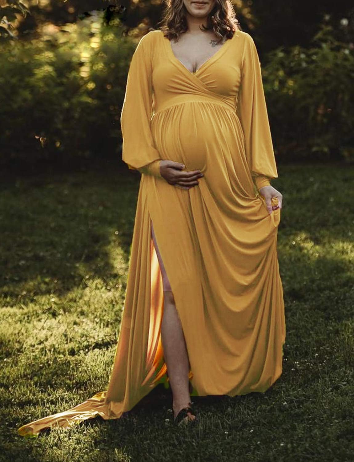 Dedysler Maternity Gowns Long Sleeves Baby Shower Dress for Photoshoot Wrap Split Sweetheart Maxi Photography