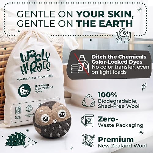 Miniatura 3 de Wooly Heroes Bolas secadoras de lana, ecológicas, paquete de 6 unidades, XL, suavizante de tela reutilizable, con libro electrónico de lavandería