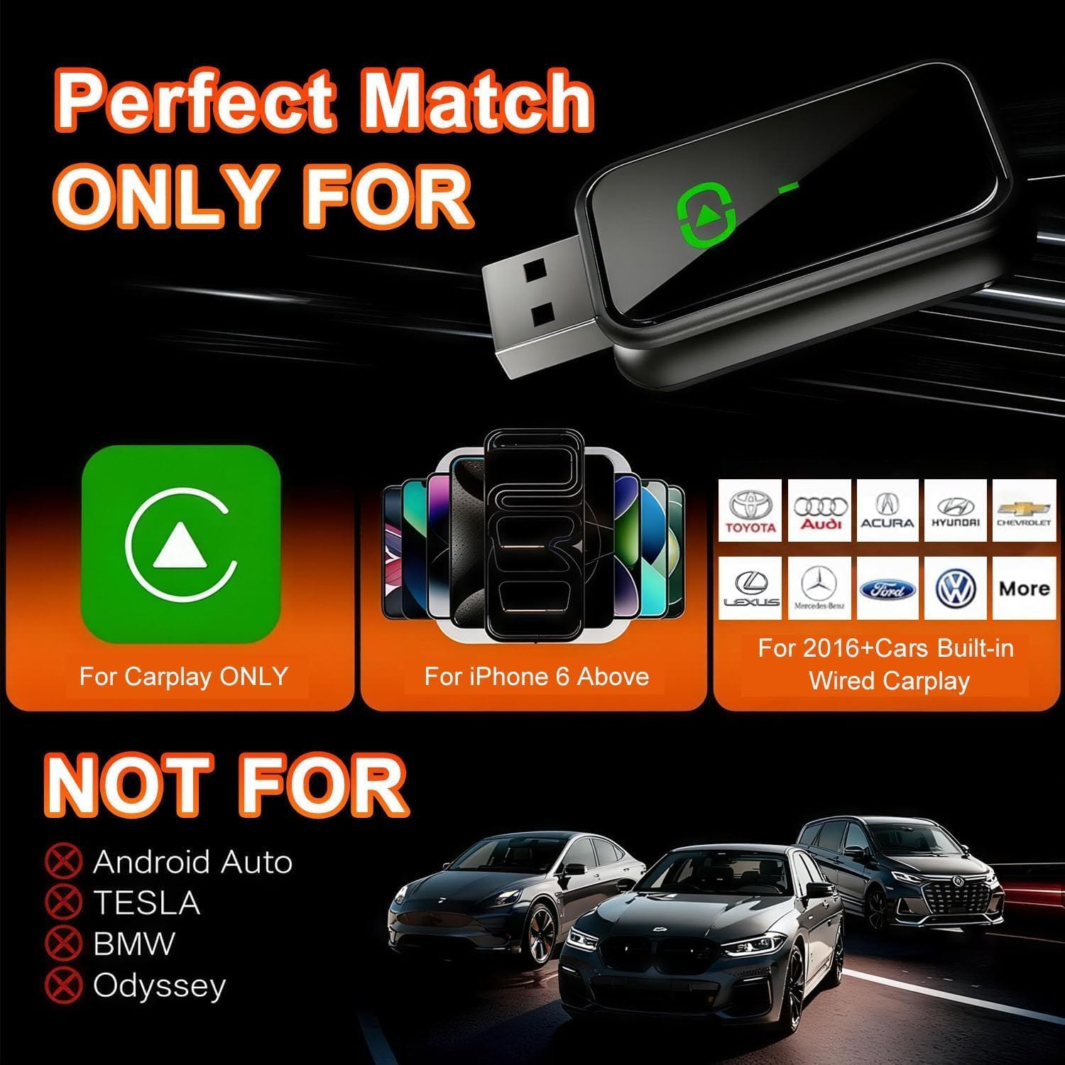 Wireless CarPlay Adapter for iPhone, Convert Wired to Wireless Dongle, 5.8GHz Fast Auto Connect, Compatible with Ford Toyota Honda Jeep Ram Chevy Nissan VW 2016-2025 Factory Wired Cars