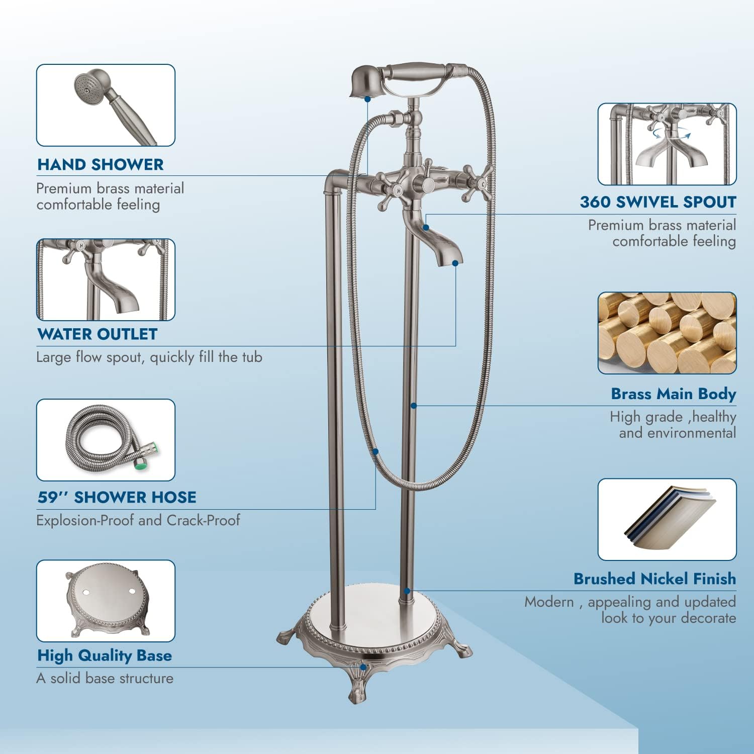 Brushed Nickel Freestanding Bathtub Faucet Floor Mount Tub Filler Double Cross Knobs Bathroom Mixer Tap With Handheld Shower Telephone Shape
