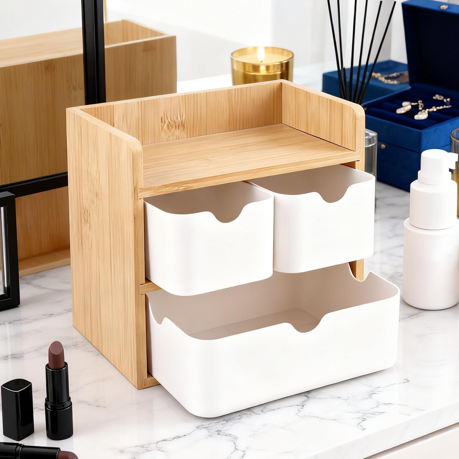 Aufbewahrungsbox mit Schubladen, Holz und Bambus, Schreibtisch Organizer, Make-Up Organizer Holz mit 3 Schubladen für Büro Zuhause Schule, Weiß